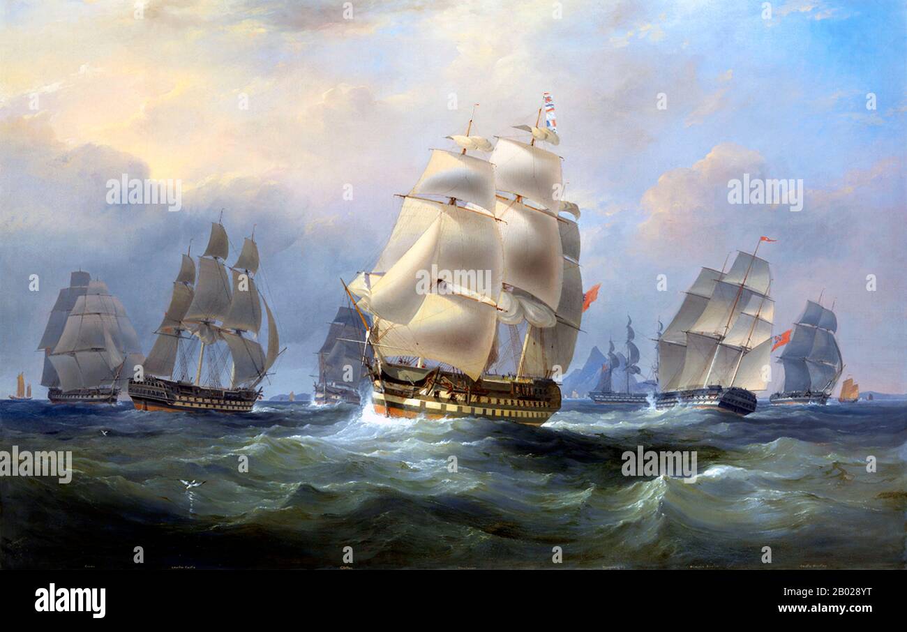 Regno Unito/Cina: "East Indiamen in the China Seas". Dipinti a olio su tela di William John Huggins (1781-1845) e Edward Duncan (1803-1882), c. 1820-1830. Questo dipinto raffigura il 'Winchelsea' e altri Indiamen in mare. East Indiaman era un nome generale per ogni nave che operava sotto licenza o licenza a una qualsiasi delle compagnie delle principali potenze commerciali europee del XVII e XIX secolo. Così si può parlare di danese, olandese, inglese, francese, portoghese o svedese. Foto Stock