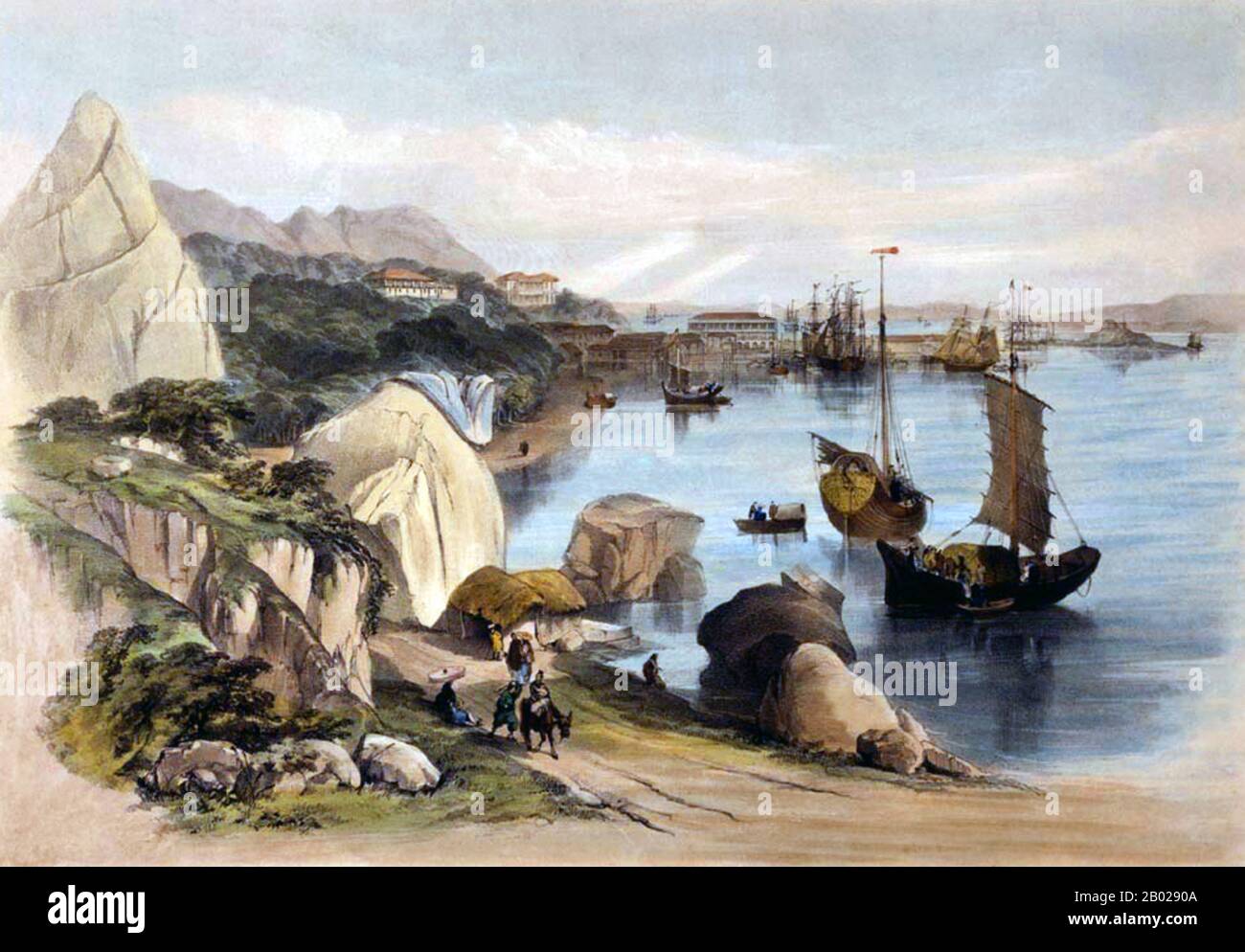 Cina: "Veduta del Jardine Matheson's Looking North West from Causeway Bay, 28 settembre 1846". Litografia, 1846. Jardine Matheson & Co., in seguito Jardine Matheson & Co.. Ltd., precursore dell'odierna Jardine Matheson Holdings, era una società commerciale dell'Estremo Oriente fondata nel 1832 con gli scozzesi William Jardine e James Matheson come partner senior. Commerciando oppio, cotone, tè, seta e una varietà di altre merci, fin dai suoi primi inizi a Canton (l'odierna Guangzhou), nel 1844 l'azienda stabilì la sua sede principale nella nuova colonia britannica di Hong Kong, quindi procedette ad espandersi lungo tutta la costa. Foto Stock