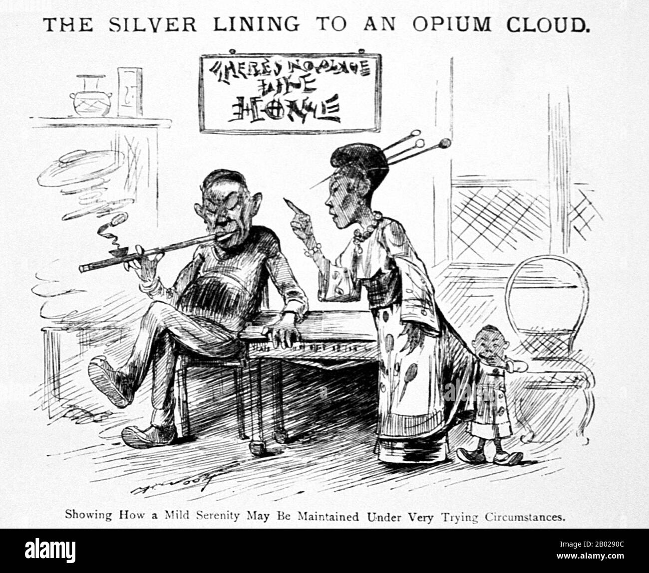 USA/Cina: "Il rivestimento d'argento per una nuvola di oppio". Fumetto satirico di Michael Angelo Woolf (1837-1899), Puck, 12 agosto 1885. Papavero da oppio, Papaver somniferum, è la specie di pianta da cui vengono estratti oppio e semi di papavero. L'oppio è la fonte di molti oppiacei, tra cui morfina, tebaina, codeina, papaverina, e noscapina. Il nome botanico latino significa "papavero che porta il sonno", riferendosi alle proprietà sedative di alcuni di questi oppiacei. Foto Stock