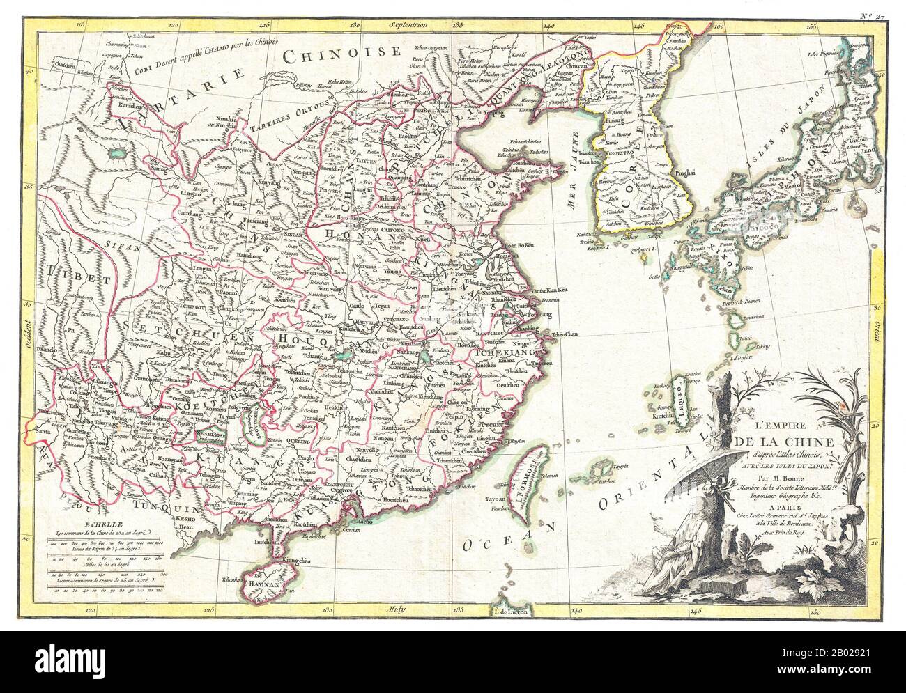 Cina: Mappa di Cina, Corea, Giappone e Formosa di Rigobert Bonne (1727-1795), 1770. Mappa decorativa di Bonne di Cina, Corea, Giappone e Formosa (Taiwan). L'area coperta si estende dal Tibet e dalla Tartaria cinese ad est fino al Giappone e a sud fino a Hainan. La Cina è divisa in varie province con grandi città, laghi e fiumi noti. Macao, Canton, Nanchino, Jedo (Tokyo), Pechino (Pechino) e molte altre città sono chiamate così. Il quadrante inferiore destro è decorato con un elaborato cartiglio che mostra uno studioso cinese o un monaco che si rilassa con un uccello in una foresta sotto un ombrellone. Foto Stock
