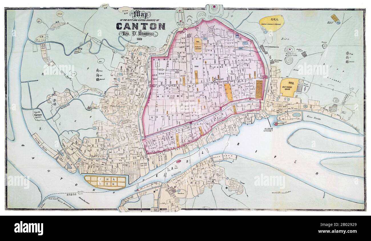 Cina: "Mappa della città e di tutti i sobborghi di Canton". Mappa di Daniel Vrooman (15 agosto 1818 - 3 marzo 1895), 1860, al tempo della seconda guerra dell'oppio (1856-1860). La seconda guerra dell'oppio, la seconda guerra anglo-cinese, la seconda guerra cinese, la guerra con la freccia, o la spedizione anglo-francese in Cina, fu una guerra che vide l'Impero britannico e il secondo Impero francese contro la dinastia Qing cinese, durata dal 1856 al 1860. Foto Stock