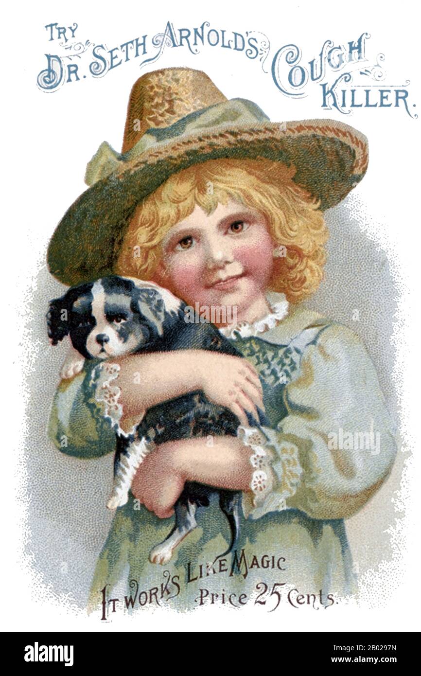 USA: "Prova il killer della tosse del dottor Seth Arnold: Funziona come la magia". Pubblicità per la medicina basata sugli oppiacei, c. 1870-1890. Il Dr. Seth Arnold Medical Company ha prodotto "Cough Killer" per curare tosse, pertosse, raffreddori, polmonite, asma, croup, malaria, infiammazione dello stomaco e febbri maligne e 'pillole anti-biliose di Arnold' che dovrebbero curare disturbi epatici, biliarità e mal di testa. Come molti medicinali da banco del XIX secolo, molti dei suoi effetti erano dovuti al fatto che conteneva un farmaco narcotico o allucinogeno, in questo caso la morfina, un derivato dell'oppio Foto Stock