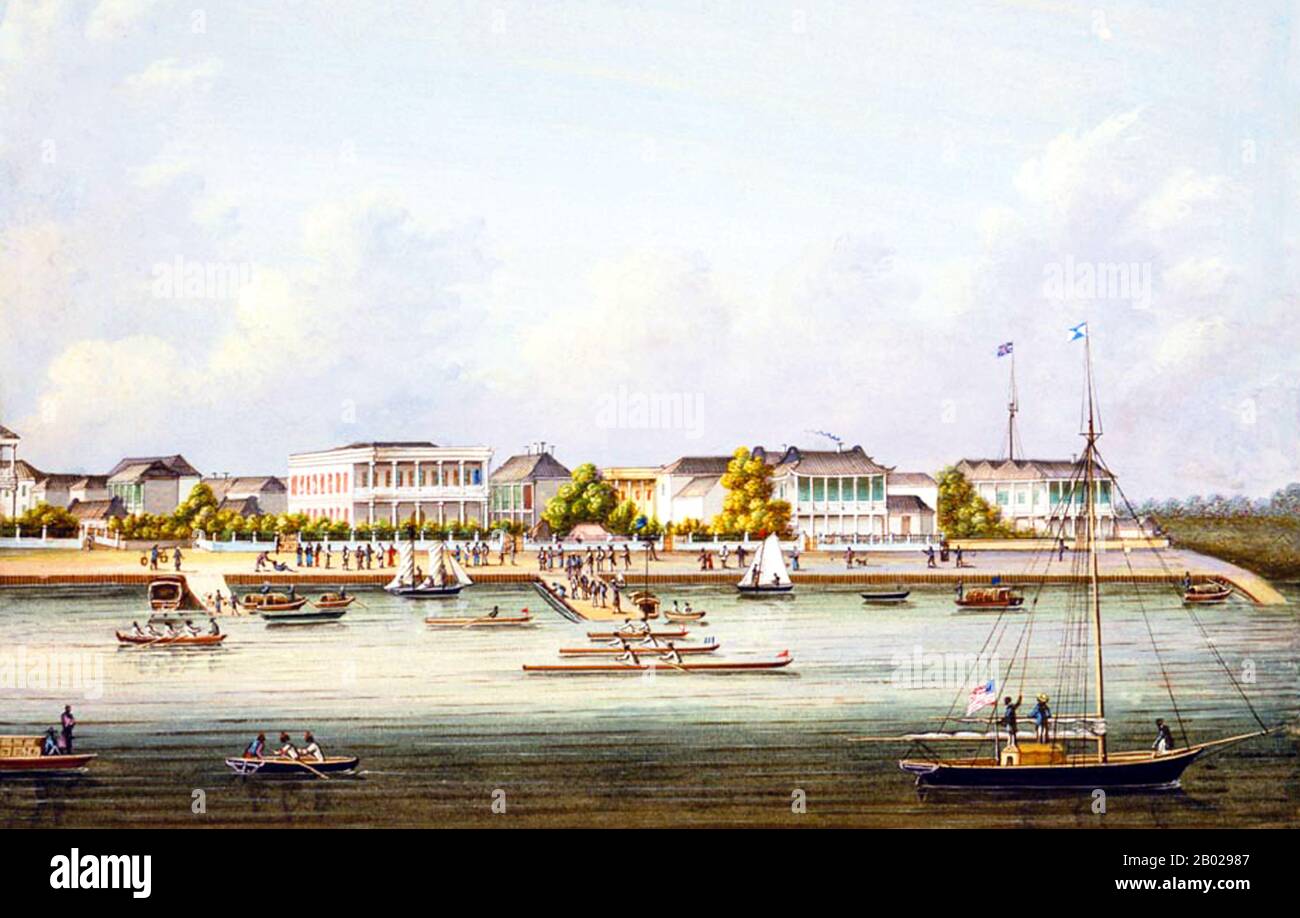 Cina: Vista di Shanghai dal fiume Huangpu. Acquerello gouache painting, c. 1860. L'attenzione internazionale a Shanghai crebbe nel XIX secolo grazie al suo potenziale economico e commerciale e anche alla sua posizione sul fiume Yangtze. Durante la prima guerra dell'oppio (1839-1842), le forze britanniche tennero temporaneamente la città. La guerra si concluse con il Trattato di Nanchino del 1842, aprendo Shanghai e altri porti al commercio internazionale. Nel 1863, l'insediamento britannico, situato a sud di Suzhou creek (distretto di Huangpu), e l'insediamento americano, a nord di Suzhou creek (distretto di Hongkou), combinati. Foto Stock