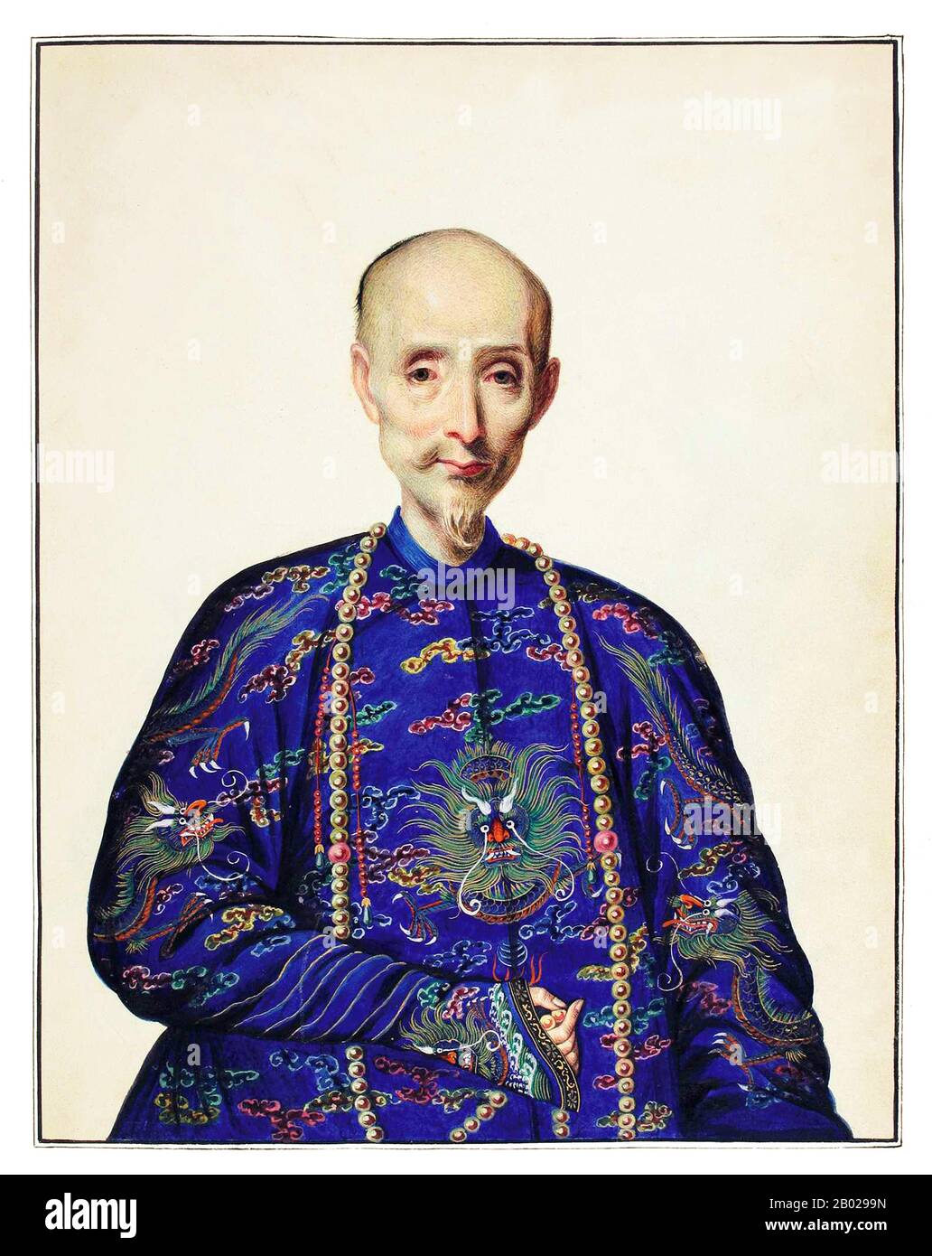 Cina: Howqua (1769 - 4 settembre 1843), vero nome Hong Bingjian, il più importante dei mercanti di Hong a Canton (Guangzhou) a metà del XIX secolo. Ritratto olio su tela di Ting qua (Tingqua), c. 1845. Howqua era il più importante mercante di Hong nelle tredici fabbriche, capo della e-Wo hong e capo del Canton Cohong. Una volta era uno degli uomini più ricchi del mondo. Nato a Fujian, era conosciuto in Occidente come Howqua (il secondo). Divenne ricco nel commercio tra la Cina e l'Impero britannico a metà del XIX secolo durante la prima guerra dell'oppio. Foto Stock