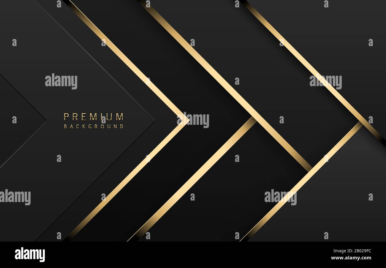 Contesto tecnologico del lusso vettoriale. Pila di strati di carta nera con striscia d'oro. Carta da parati premium a forma di freccia. Illustrazione Vettoriale