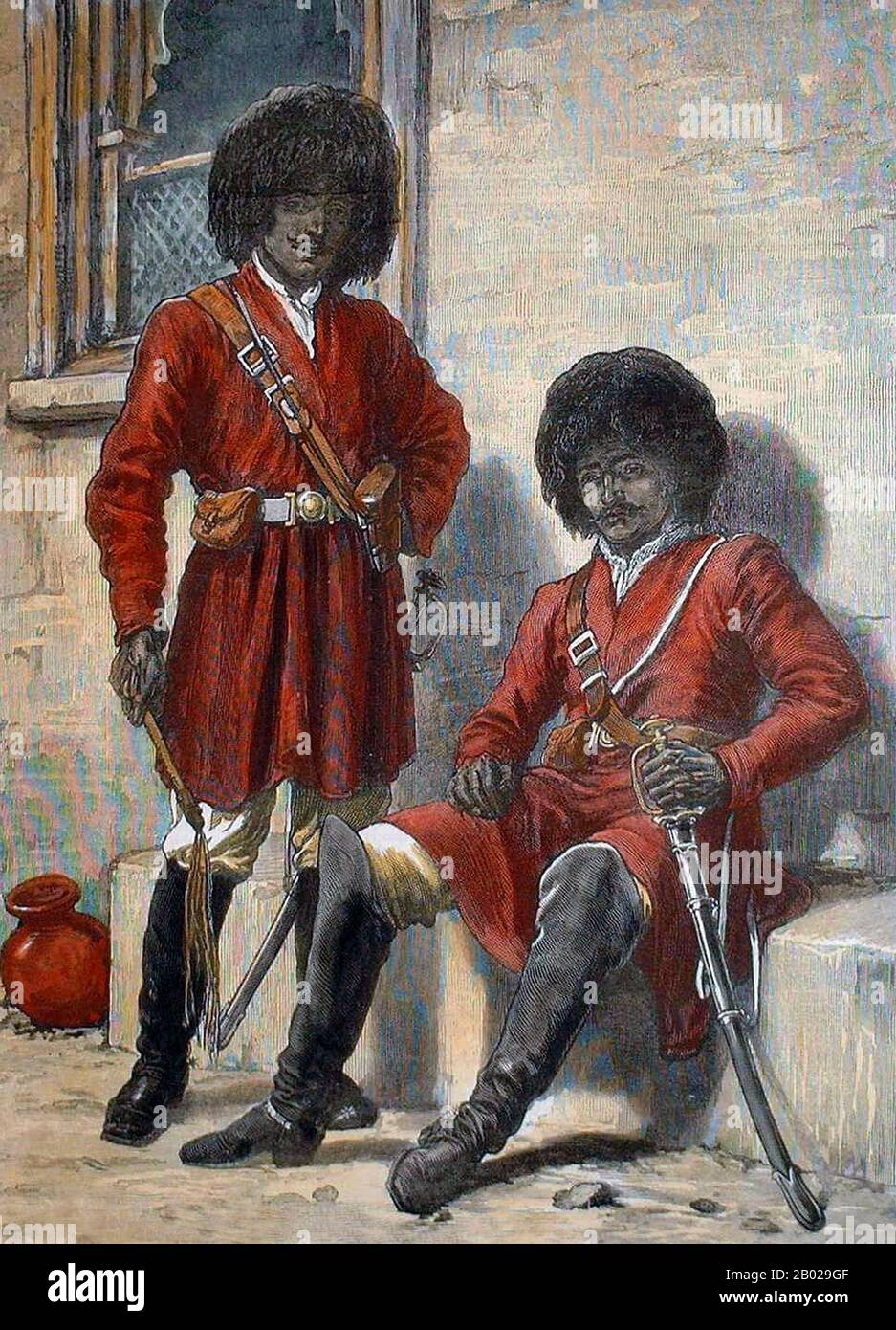 Afghanistan: Soldati Herati in uniforme durante la rivolta afghana. Litografia, 1879. Situata in una zona fertile, Herāt risale all'epoca avestica ed era tradizionalmente conosciuta per il suo vino. La città ha una serie di siti storici, tra cui la Cittadella di Herat e il complesso di Mosallah. Durante il Medioevo Herāt divenne una delle città più importanti del Khorasan, in quanto era conosciuta come la Perla di Khorasan. Nel 1717, la città fu conquistata dai Pashtun e rimase sotto il controllo dei Pashtun fino a quando la dinastia Hotaki fu sconfitta dagli AfSharidi nel 1736. Foto Stock