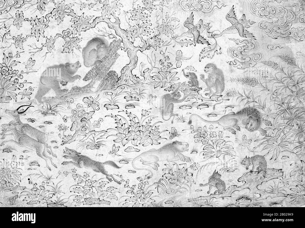 Asia centrale: "Uccelli e bestie in un paesaggio fiorito". Una complessa scena naturale con orsi, antilopi, leoni, cinghiali, scimmie, uccelli e altri animali selvatici. Illuminazione manoscritta della scuola Siyah Kalem, XV secolo. Siyah Kalem o 'penna Nera' è il nome dato alla scuola di pittura del XV secolo attribuita a Mehmed Siyah Kalem. Non si sa nulla della sua vita, ma il suo lavoro indica che era di origine turca dell'Asia centrale, e aveva una profonda familiarità con la vita militare e del campo. I dipinti appaiono negli "album del Conquistatore", così chiamati perché due ritratti del sultano Mehmed II Foto Stock