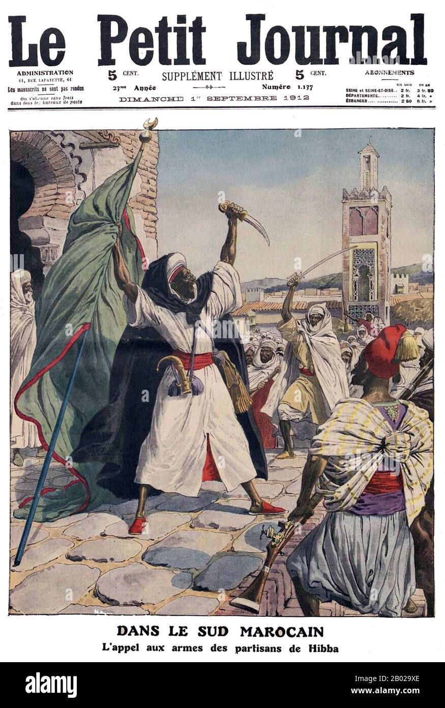 Marocco/Francia: "Dans le Sud Marocain, l'appel aux armes des partisans de Hibba" ("nel sud marocchino, la chiamata alle armi dei partigiani di al-Hibba"). Raffigurazione coloniale francese in "le Petit Journal" di eventi in Marocco nel 1912 che portarono all'instaurazione del dominio coloniale francese, il 1° settembre 1912. Il Protettorato francese in Marocco (in francese Protectorat franais au Maroc) fu istituito dal Trattato di Fez. Esistette dal 1912, quando fu formalmente istituito un protettorato, fino all'indipendenza del Marocco (2 marzo 1956). Foto Stock