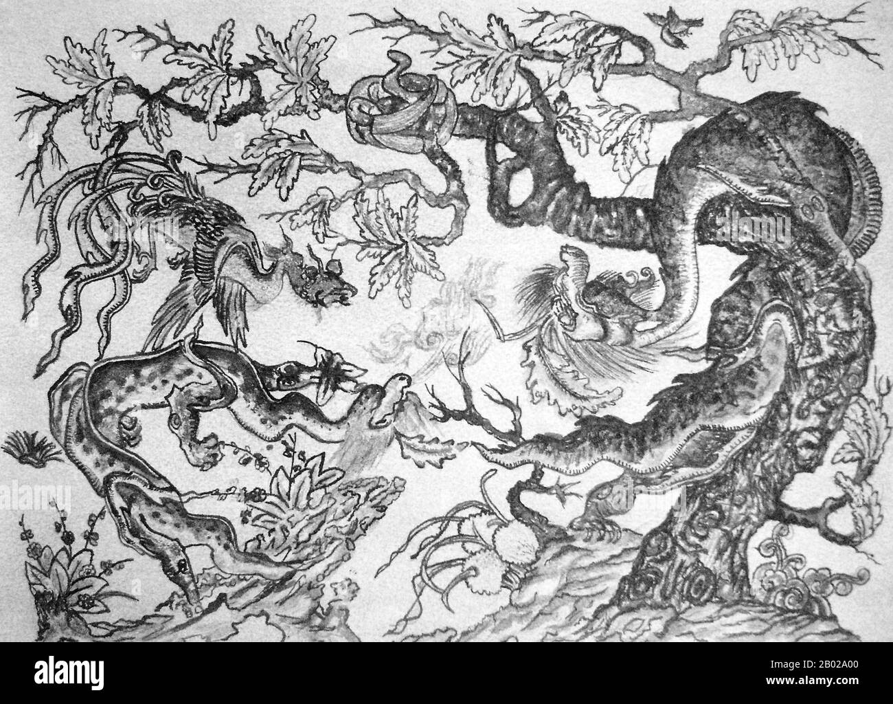 Asia centrale: Draghi, serpenti e fenice. Pittura in miniatura della scuola di Siyah Kalem, XV secolo. Siyah Kalem o 'penna Nera' è il nome dato alla scuola di pittura del XV secolo attribuita a Mehmed Siyah Kalem. Non si sa nulla della sua vita, ma il suo lavoro indica che era di origine turca dell'Asia centrale, e aveva una profonda familiarità con la vita militare e del campo. I dipinti appaiono negli "album del Conquistatore", così chiamati perché due ritratti del sultano Mehmed II il Conquistatore sono presenti in uno di essi. Foto Stock