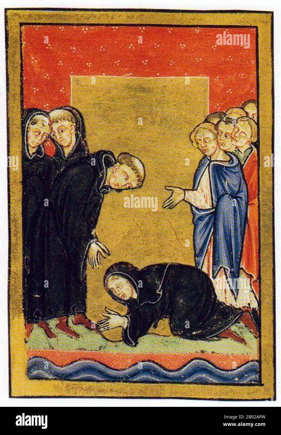 Inghilterra/Regno Unito: St Cuthbert (634 circa - 20 marzo 687 d.C.) incontra Ælfflæd di Whitby, sorella del re, sull'isola di Coquet. Folio da un manoscritto del XII secolo sulla vita di San Cuthbert di Beda. San Cuthbert fu un monaco anglosassone, vescovo ed eremita, associato ai monasteri di Melrose e Lindisfarne nel Regno di Northumbria. Dopo la sua morte divenne uno dei più importanti santi medievali d'Inghilterra, con un culto centrato nella cattedrale di Durham. Cuthbert è considerato il santo patrono dell'Inghilterra settentrionale. La sua festa è il 20 marzo. Foto Stock