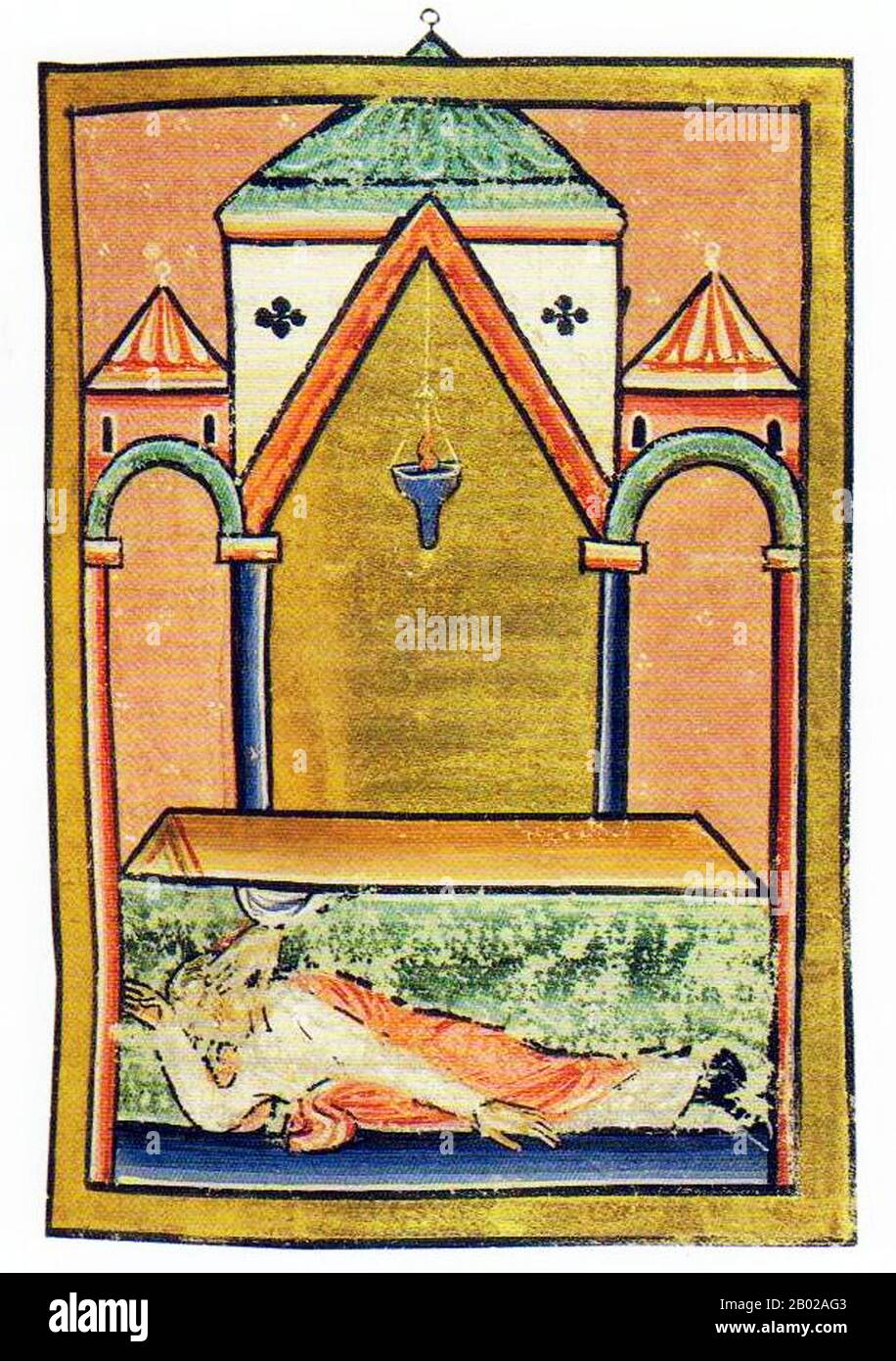 Inghilterra/Regno Unito: Il corpo di St Cuthbert (c. 634 - 20 marzo 687 d.C.) guarisce un uomo paralizzato. Folio da un manoscritto del XII secolo sulla vita di San Cuthbert di Beda. San Cuthbert fu un monaco anglosassone, vescovo ed eremita, associato ai monasteri di Melrose e Lindisfarne nel Regno di Northumbria. Dopo la sua morte divenne uno dei più importanti santi medievali d'Inghilterra, con un culto centrato nella cattedrale di Durham. Cuthbert è considerato il santo patrono dell'Inghilterra settentrionale. La sua festa è il 20 marzo. E' cresciuto vicino alla nuova propaggine di Lindisfarne all'Abbazia di Melrose. Foto Stock