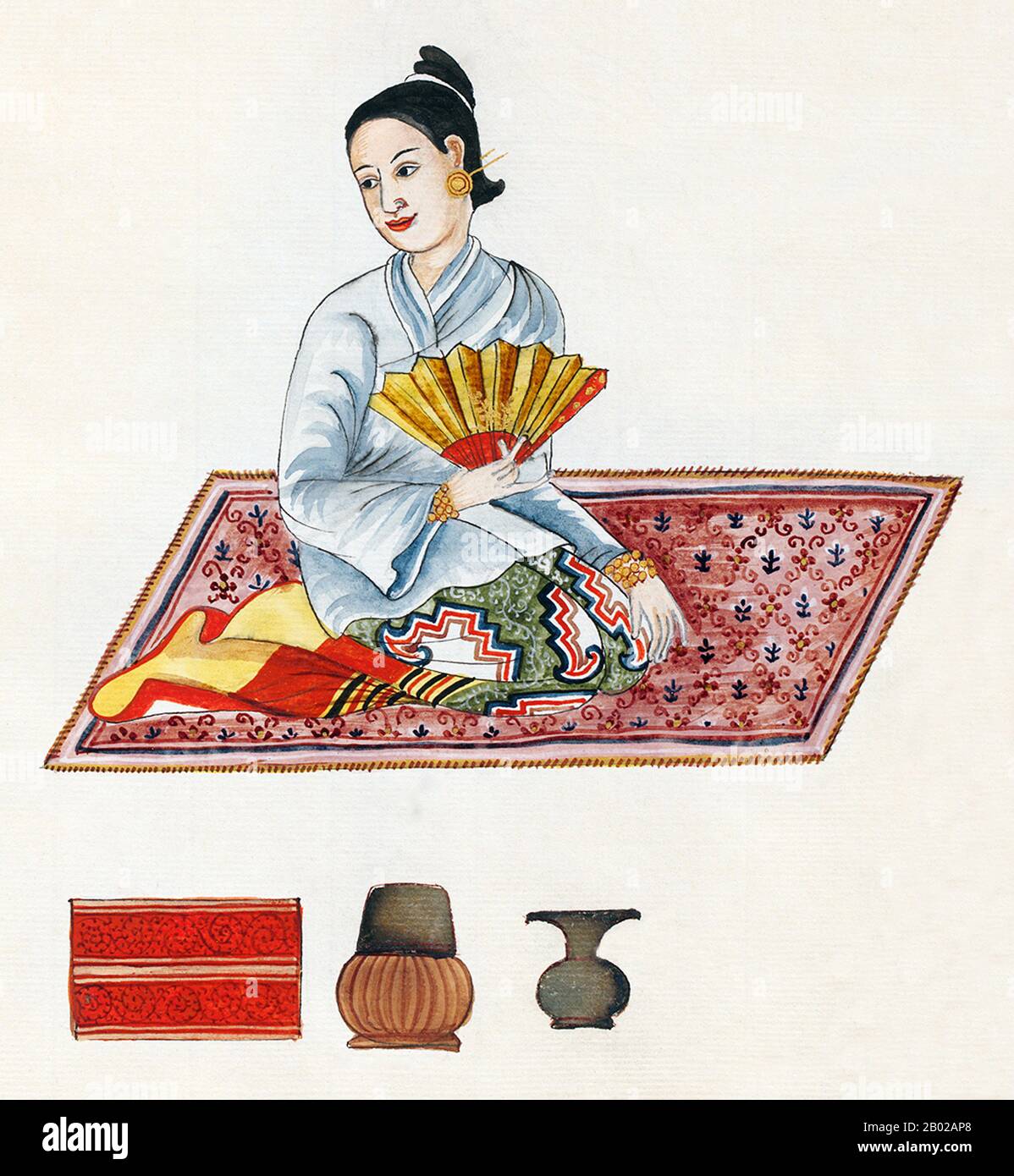 Birmania/Myanmar: Moglie di un nakhan (funzionario della Corte Konbaung), tribunale Mandalay, dinastia Konbaung. Pittura ad acquerello, c. 1853-1885. La dinastia Konbaung fu l'ultima dinastia che governò la Birmania (Myanmar), dal 1752 al 1885. La dinastia creò il secondo impero più grande della storia birmana, e continuò le riforme amministrative iniziate dalla dinastia Toungoo, gettando le basi del moderno stato birmano. Le riforme si dimostrarono insufficienti per arginare l'avanzata degli inglesi, che sconfissero i birmani in tutte e tre le guerre anglo-birmane nell'arco di sei decenni (1824-1885). Foto Stock