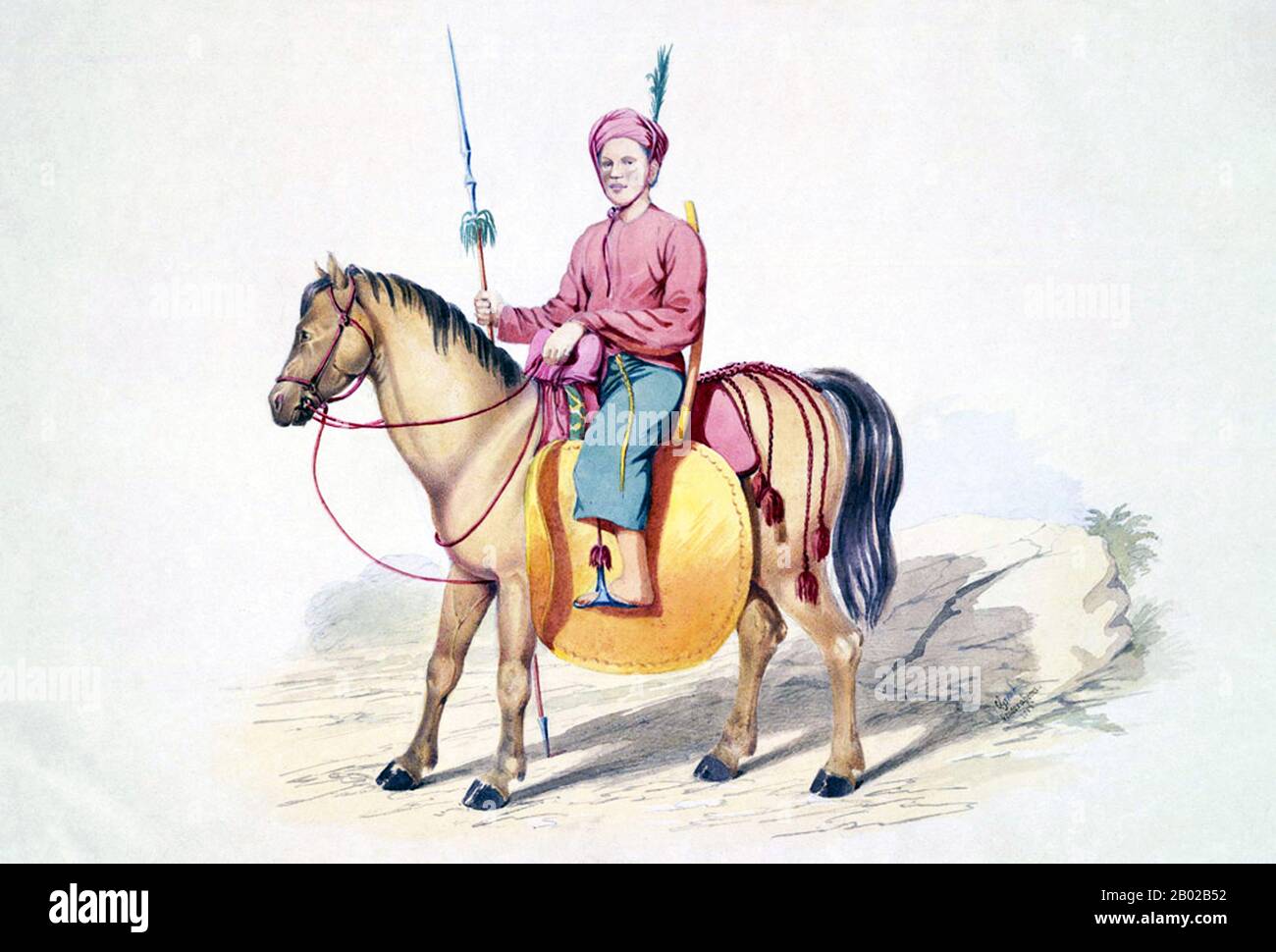 Acquerello con penna e inchiostro di un cavaliere Manipuri (Kathe). Il cavaliere in questo ritratto è venuto da Manipur nel nordest dell'India ed è stato conosciuto dai birmani come Kathé. Nel 1826 Manipur divenne uno stato all'interno del Raj britannico. Colesworthy Grant è rimasto impressionato dalla cavalleria birmana. Egli scrisse che 'se la fanteria dell'esercito birmano deluse l'aspettativa, la porzione montata ancora di più ... per anche se ci sono stati molti ben formati, potente, e spirited [cavalli], molto più erano di spiacente aspetto, come se di sangue inferiore, o male alimentato. Gli uomini, creduti essere principato Foto Stock