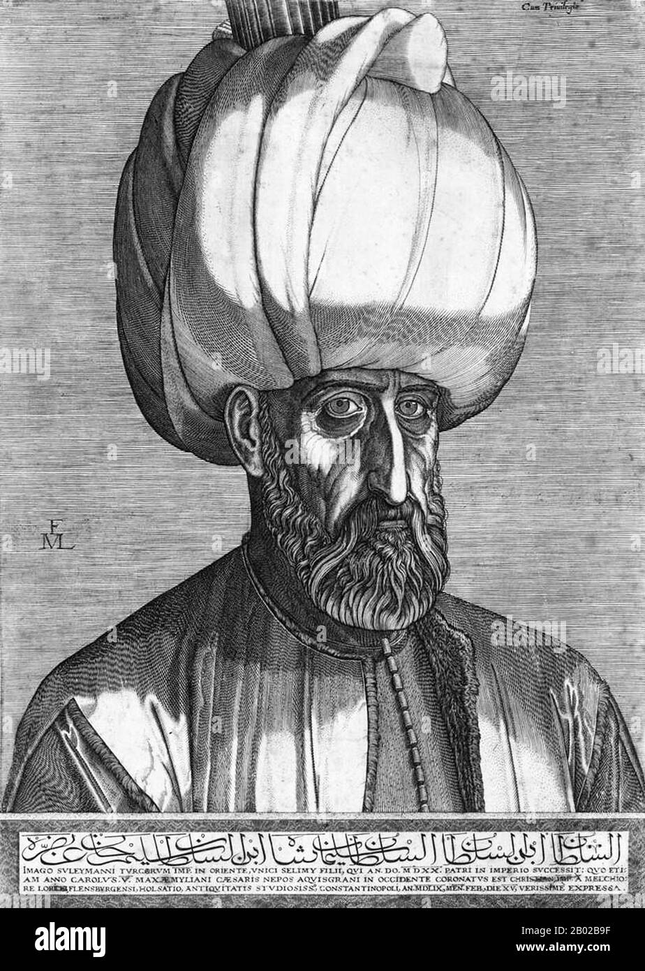 Turchia: Solimano il magnifico (1495-1566), noto anche come Solimano i (r. 1520-1566), X Imperatore dell'Impero Ottomano. Incisione di Melchior Lorck (1526-1583), Istanbul, 1559. Il sultano Solimano i, noto anche come "Solitario il magnifico" e "Solitario il legislatore", fu il decimo e più lungo sultano regnante dell'impero ottomano. Guidò personalmente i suoi eserciti alla conquista della Transilvania, del Caspio, di gran parte del Medio Oriente e del Maghreb. Ha avviato ampie riforme nella legislazione turca, nell'istruzione, nella tassazione e nel diritto penale, ed è stato molto rispettato come poeta e orafo. Foto Stock