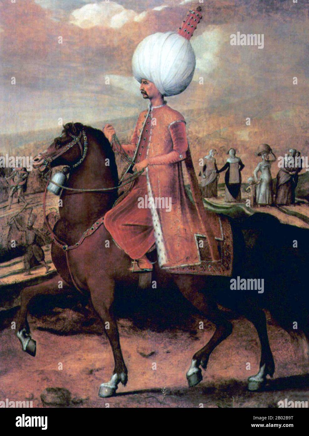 Turchia: Solimano il magnifico (1494-1566), noto anche come Solimano i, X Imperatore dell'Impero Ottomano (r. 1520-1566), a cavallo. Pittura a olio su pannello di Hans Eworth (c. 1520-1574), 1549. Il sultano Solimano i, noto anche come "Solitario il magnifico" e "Solitario il legislatore", fu il decimo e più lungo sultano regnante dell'impero ottomano. Guidò personalmente i suoi eserciti alla conquista della Transilvania, del Caspio, di gran parte del Medio Oriente e del Maghreb. Ha avviato ampie riforme nella legislazione turca, nell'istruzione, nella tassazione e nel diritto penale, ed è stato molto rispettato come poeta e orafo. Foto Stock