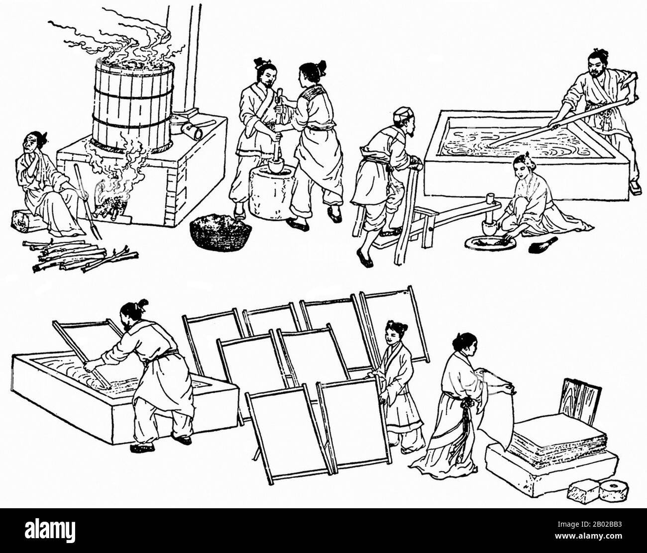 Cina: Una rappresentazione moderna del processo di fabbricazione della carta attribuita a Cai Lun (50-121 d.C.), tradizionalmente considerata come l'inventore della carta e del processo di fabbricazione della carta, XX secolo. CAI Lun (pinyin: Cài Lún; Wade-Giles: TS'ai Lun), nome di cortesia Jingzhong, è stato un eunuco e funzionario politico cinese. È tradizionalmente considerato l'inventore della carta e del processo cartaceo, in forme riconoscibili nei tempi moderni come carta (al contrario del papiro). Sebbene le prime forme di carta esistessero in Cina dal II secolo a.C., fu responsabile del primo miglioramento significativo Foto Stock