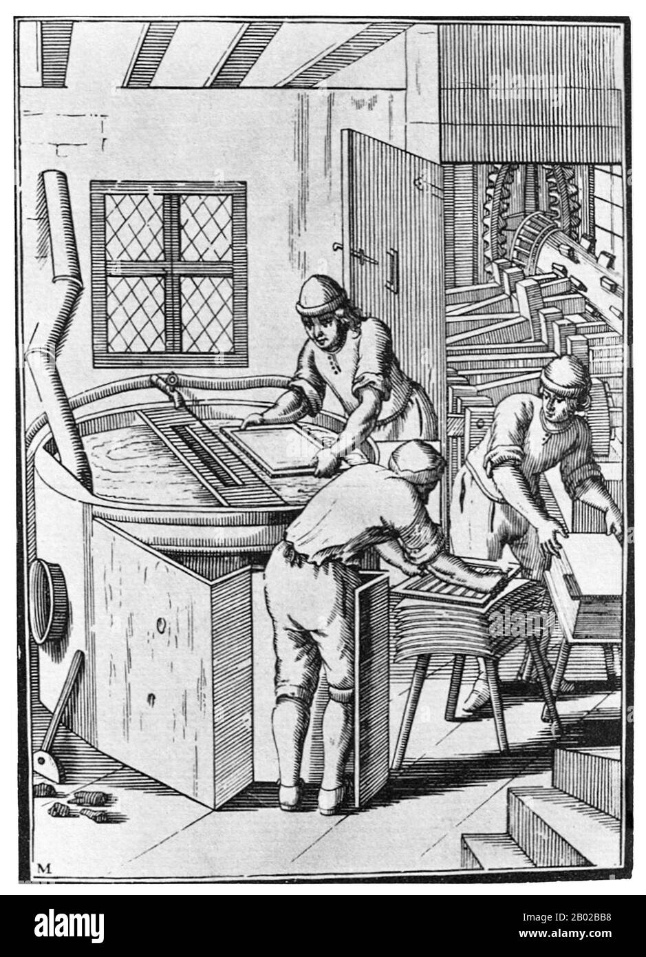 Svizzera: Cartiera illustrata in un'incisione su legno di Basilea, fine XVII secolo. La tecnica è essenzialmente la stessa di quella attribuita al cinese Cai Lun (c. 50-121 d.C.) più di un millennio prima. CAI Lun (pinyin: Cài Lún; Wade-Giles: TS'ai Lun), nome di cortesia Jingzhong, è stato un eunuco e funzionario politico cinese. È tradizionalmente considerato l'inventore della carta e del processo cartaceo, in forme riconoscibili nei tempi moderni come carta (al contrario del papiro). Foto Stock