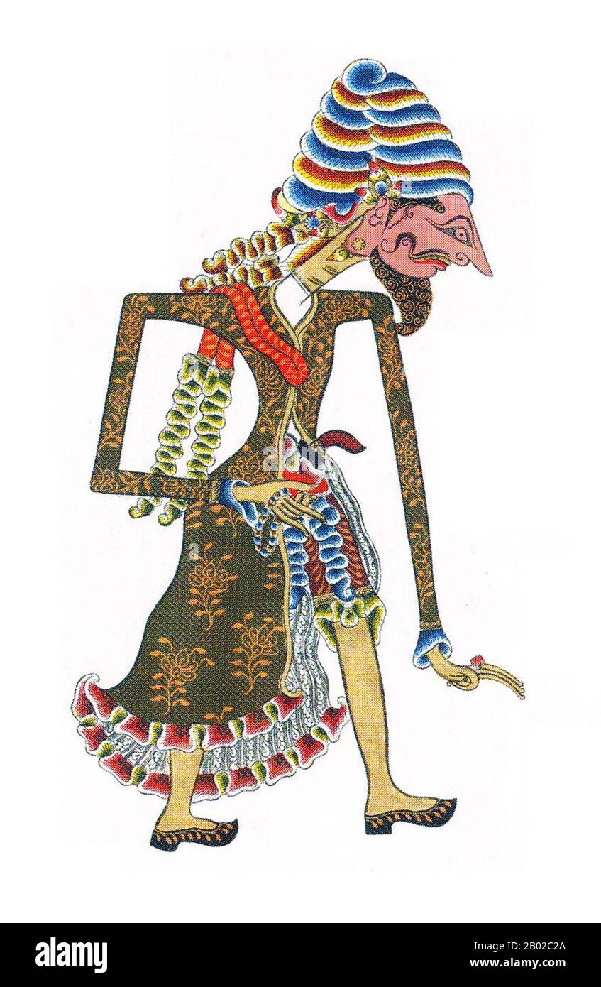 Indonesia: Wayang Kulit ("burattino ombra") figura dell'antica epica indù, Ramayana, XX secolo. Wayang è una parola giavanese per particolari tipi di teatro (letteralmente "ombra"). Quando il termine è usato per riferirsi a tipi di teatro dei burattini, a volte il burattino stesso è indicato come wayang. Gli spettacoli di teatro dei burattini d'ombra sono accompagnati da gamelan a Giava. L'UNESCO ha designato Wayang Kulit, un teatro ombra di marionette e il più noto dei wayang indonesiani, come un capolavoro del patrimonio orale e immateriale dell'umanità il 7 novembre 2003. Foto Stock