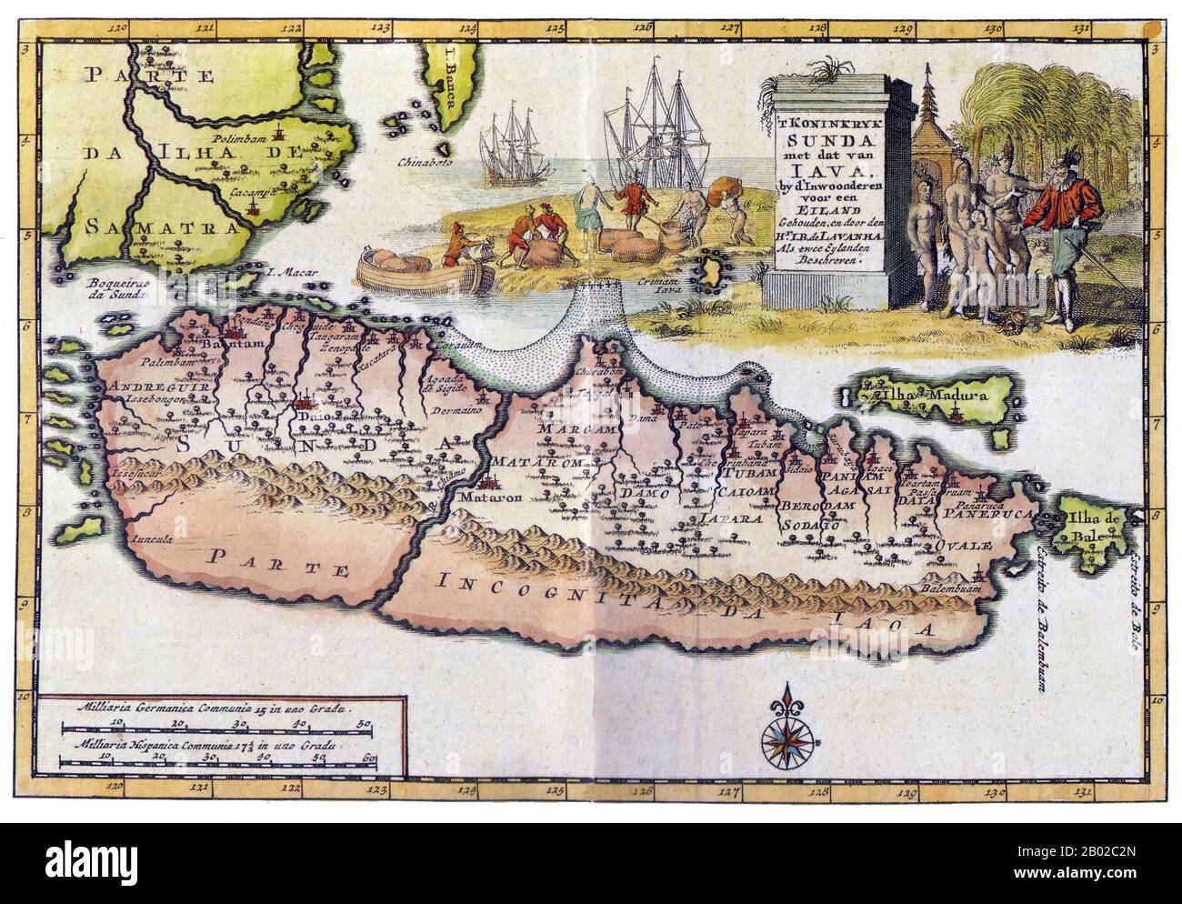 Indonesia/Paesi Bassi: Mappa di Giava, Madura, Bali e Sumatra meridionale, di Pieter van der AA (1659-1733), Leida, 1707. Giava (indonesiano: Jawa) è un'isola dell'Indonesia. Con una popolazione di 135 milioni di abitanti (esclusi i 3,6 milioni sull'isola di Madura che è amministrata come parte delle province di Giava), Giava è l'isola più popolosa del mondo e uno dei luoghi più densamente popolati del mondo. Giava è la patria del 60% della popolazione indonesiana. La capitale indonesiana, Giacarta, si trova nella parte occidentale di Giava. Gran parte della storia indonesiana ha avuto luogo a Giava. Foto Stock