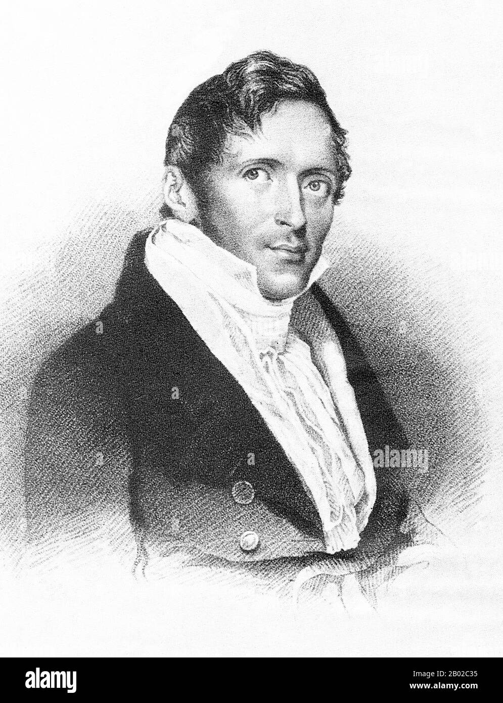 Singapore/Indonesia/Malesia: Sir Thomas Stamford Raffles (6 luglio 1781 - 5 luglio 1826), fondatore di Singapore. Incisione di Thompson, 1814. Sir Thomas Stamford Raffles, FRS, è stato uno statista britannico noto per la sua fondazione della città di Singapore (ora città-stato della Repubblica di Singapore). È spesso descritto come il "padre di Singapore". Fu anche pesantemente coinvolto nella conquista dell'isola indonesiana di Giava da parte delle forze militari olandesi e francesi durante le guerre napoleoniche e contribuì all'espansione dell'Impero britannico. Foto Stock