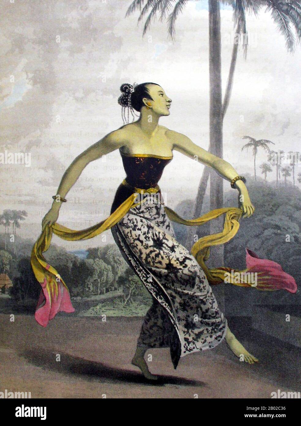 Indonesia: "A Ronggeng or Dancing Girl" da "History of Java" di Sir Thomas Stamford Raffles. Aquatint di William Daniell (1769-1837), 1817. Ronggeng è un tipo di danza sociale giavanese e malese in cui le coppie scambiano versi poetici mentre ballano alla musica di un rebab o violino e di un gong. Ronggeng ha avuto origine a Giava, ma si può trovare anche a Sumatra e nella penisola malese. Ronggeng è probabilmente esistito a Giava fin dall'antichità; i bassorilievi nella sezione di Karmawibhanga nel Borobudur dell'VIII secolo mostrano la scena di una compagnia di intrattenimento itinerante con musicisti e ballerine femminili. Foto Stock