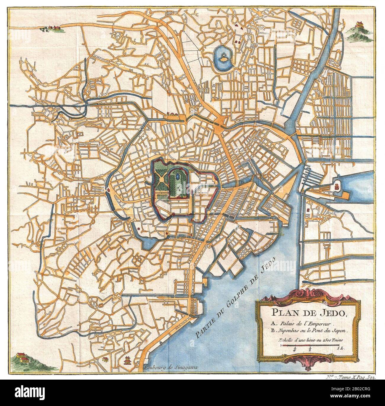 Pubblicata da Bellin e Schley per l'Histoire Generale des Voyages di Prevost, questa mappa è basata cartograficamente su una mappa 1702 della stessa emessa da Scheuchzer e Kaempfer, che è molto probabilmente basata su mappe giapponesi. Centrata sul Castello di Edo, questa mappa raffigura l'intero Edo come esisteva, con numerose strade mostrate ma non nominate. Il Castello di Edo è stato descritto in modo fantasioso come un giardino formale in stile francese. Probabilmente a causa dell'incapacità dei cartografi di tradurre il giapponese, le uniche tre posizioni nominate sulla mappa sono Edo Castle, Japan Bridge e Faubourg de Sinagawa. Dalla testa Foto Stock