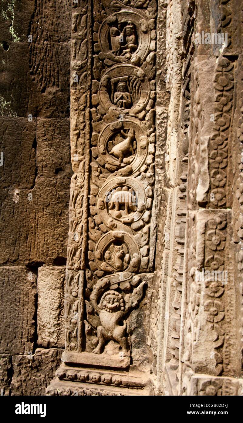 TA Prohm è stato costruito in stile Bayon in gran parte nel tardo 12th ° e all'inizio del 13th ° secolo e originariamente chiamato Rajavihara. Fu fondata dal re Khmer Jayavarman VII come monastero buddista Mahayana e università. Gli alberi che crescono dalle rovine sono la caratteristica più distintiva di Ta Prohm. Predominano due specie, la più grande è l'albero di seta-cotone (Ceiba pentandra) o thitpok (Tetrameles nudiflora), e la più piccola è il fico strangler (Ficus gibbosa) o la mela d'oro (Diospyros decandra). Foto Stock