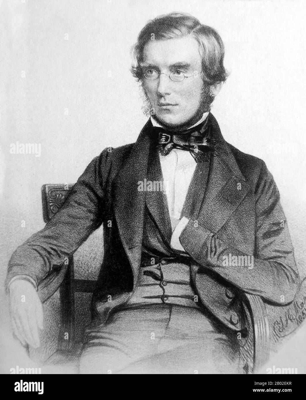 Sir Joseph Dalton Hooker OM GCSI CB FRS (30 giugno 1817 – 10 dicembre 1911) è stato uno dei più grandi botanici ed esploratori britannici del 19th secolo. Hooker fu un fondatore della botanica geografica, e l'amico più vicino di Charles Darwin. Fu direttore dei Royal Botanical Gardens, Kew, per vent'anni, in successione al padre, William Jackson Hooker, e fu insignito dei più alti onori della scienza britannica. L'11 novembre 1847 Hooker lasciò l'Inghilterra per la sua spedizione sull'Himalaya, lunga tre anni; sarebbe stato il primo europeo a raccogliere piante nell'Himalaya. Ricevette il passaggio libero su HMS S. Foto Stock