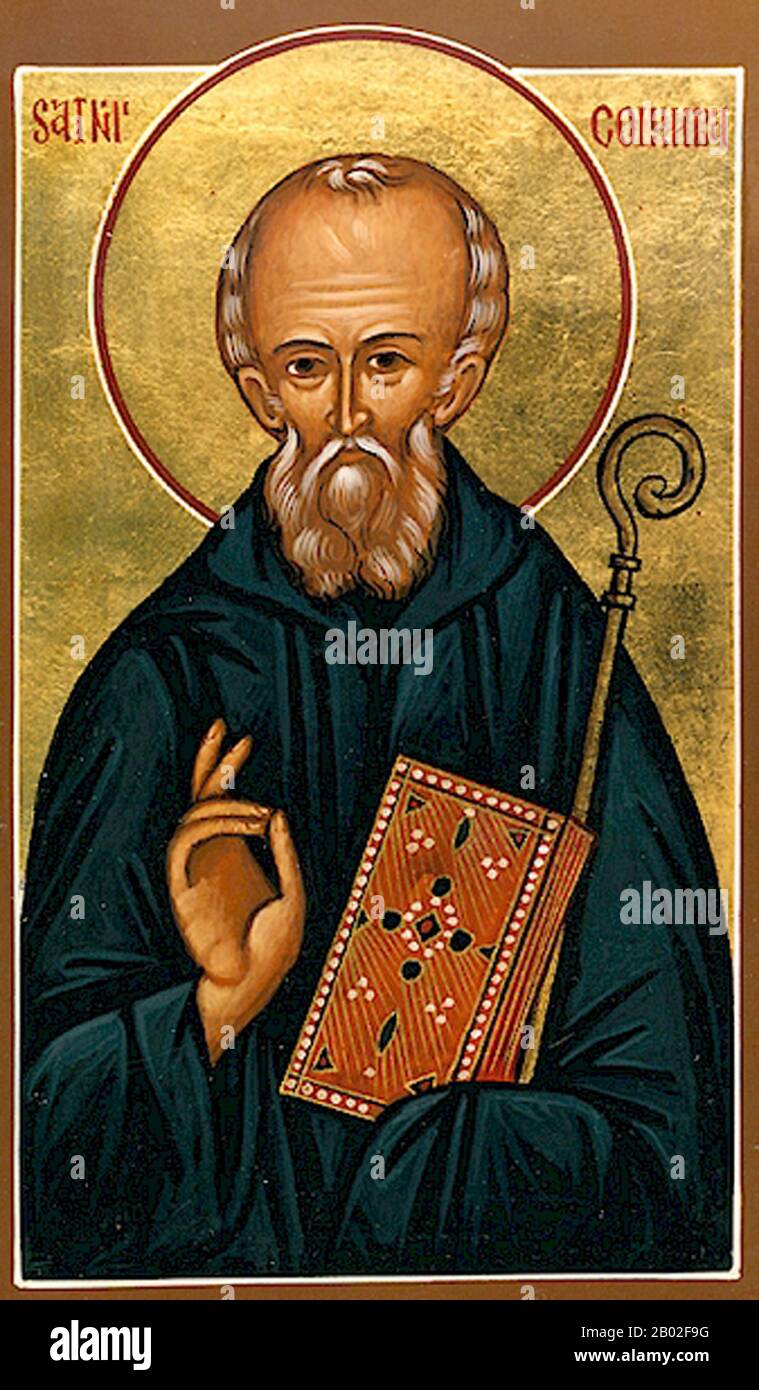 Saint Columba (7 dicembre 521 – 9 giugno 597 CE), conosciuta anche come Colum Cille, o Chille (antico irlandese, che significa "dove della chiesa"), Colm Cille (irlandese), Calum Cille (gaelico scozzese), Colum Keeilley (Manx gaelico) e Kolban o Kolbjørn (antico norreno) Fu un monaco missionario gaelico irlandese che propagò il cristianesimo tra i Pitti durante l'inizio del Medioevo. Era uno dei dodici Apostoli d'Irlanda. Foto Stock