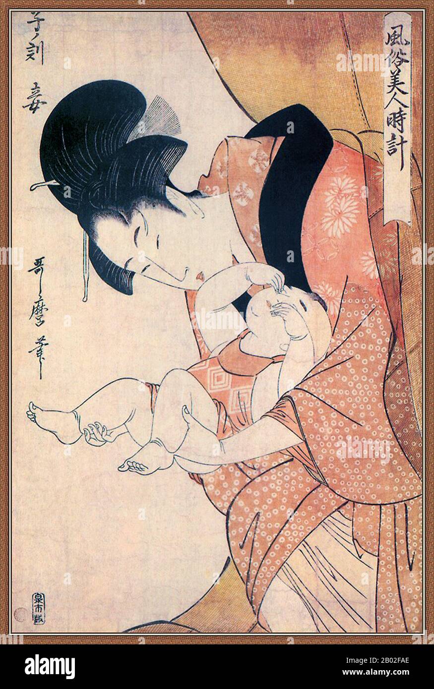 Kitagawa Utamaro, forse il più celebre artista del genere 'bijin', raffigurante belle donne, è stato efascinato da immagini di madre e bambino nella vita quotidiana. Questa stampa appartiene ad una serie intitolata Fuzoku Bijin Tokei ( Dogana quotidiana delle belle Donne). Per illustrare la mezzanotte, Utamaro ha scelto una madre che emerge assonnato dalla sua zanzariera per assistere al suo bambino, che sfrega il sonno dai suoi occhi. Foto Stock