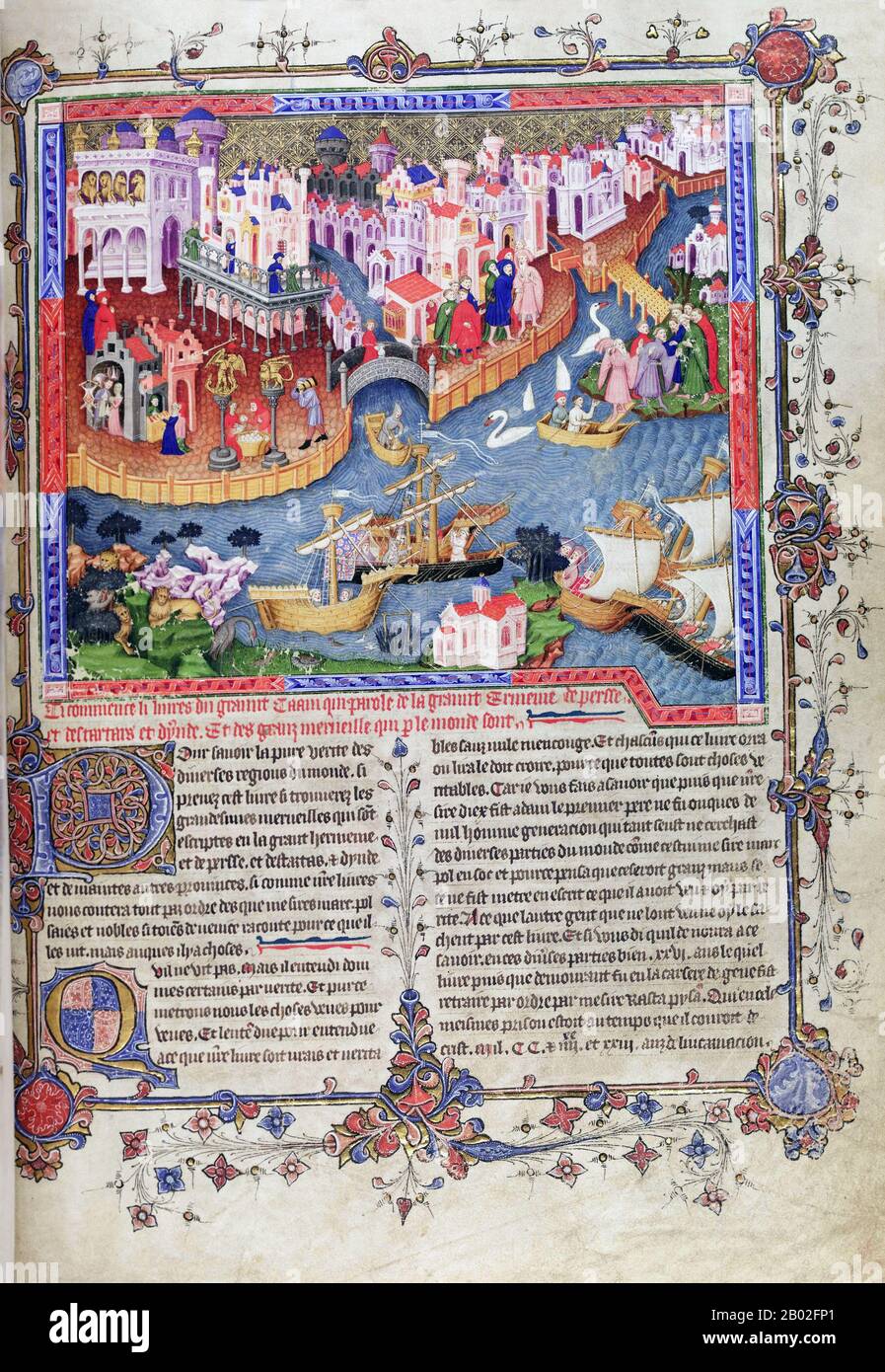 Probabilmente nato a Venezia intorno al 1254 d.C., Marco Polo fu allevato dalla zia e dallo zio dopo la morte della madre. Suo padre, Niccolo, era un mercante veneziano che partì prima che Marco nascesse per commerciare in Medio Oriente. Niccolo e suo fratello Maffeo passarono attraverso gran parte dell'Asia e incontrarono l'imperatore mongolo Kublai Khan, che a quanto pare li invitò ad essere ambasciatori. Nel 1269 Niccolo e Maffeo tornarono a Venezia, incontrando per la prima volta Marco. Nel 1271, Marco Polo, di 17 anni, con suo padre e suo zio, si recò in Asia, attraversando Costantinopoli, Baghdad, Persia, Kashgar, Cina e Birmania. Th Foto Stock