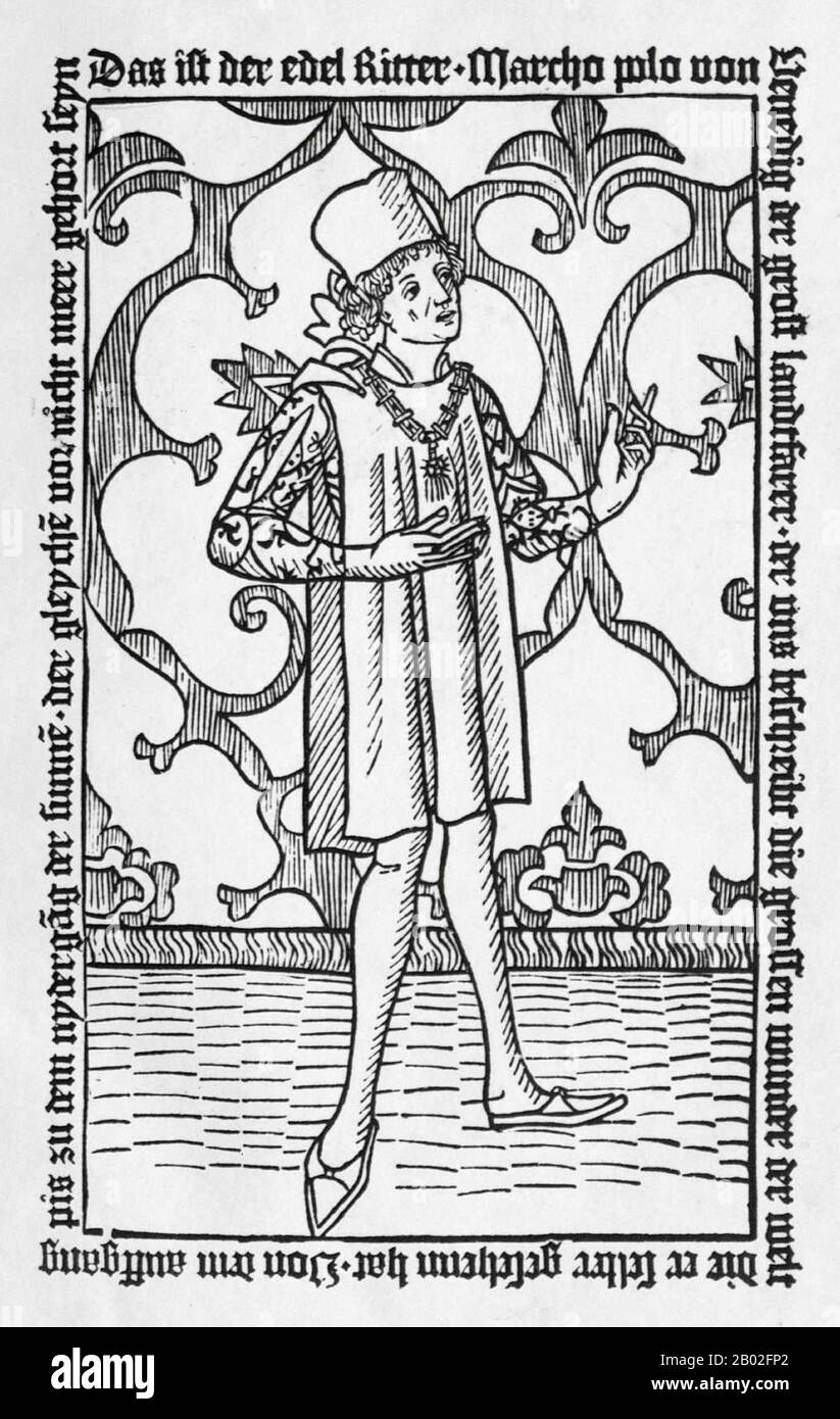 Probabilmente nato a Venezia intorno al 1254 d.C., Marco Polo fu allevato dalla zia e dallo zio dopo la morte della madre. Suo padre, Niccolo, era un mercante veneziano che partì prima che Marco nascesse per commerciare in Medio Oriente. Niccolo e suo fratello Maffeo passarono attraverso gran parte dell'Asia e incontrarono l'imperatore mongolo Kublai Khan, che a quanto pare li invitò ad essere ambasciatori. Nel 1269 Niccolo e Maffeo tornarono a Venezia, incontrando per la prima volta Marco. Nel 1271, Marco Polo, di 17 anni, con suo padre e suo zio, si recò in Asia, attraversando Costantinopoli, Baghdad, Persia, Kashgar, Cina e Birmania. Th Foto Stock