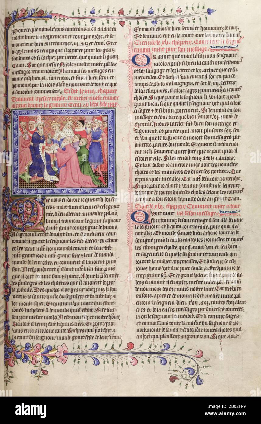 Probabilmente nato a Venezia intorno al 1254 d.C., Marco Polo fu allevato dalla zia e dallo zio dopo la morte della madre. Suo padre, Niccolo, era un mercante veneziano che partì prima che Marco nascesse per commerciare in Medio Oriente. Niccolo e suo fratello Maffeo passarono attraverso gran parte dell'Asia e incontrarono l'imperatore mongolo Kublai Khan, che a quanto pare li invitò ad essere ambasciatori. Nel 1269 Niccolo e Maffeo tornarono a Venezia, incontrando per la prima volta Marco. Nel 1271, Marco Polo, di 17 anni, con suo padre e suo zio, si recò in Asia, attraversando Costantinopoli, Baghdad, Persia, Kashgar, Cina e Birmania. Th Foto Stock