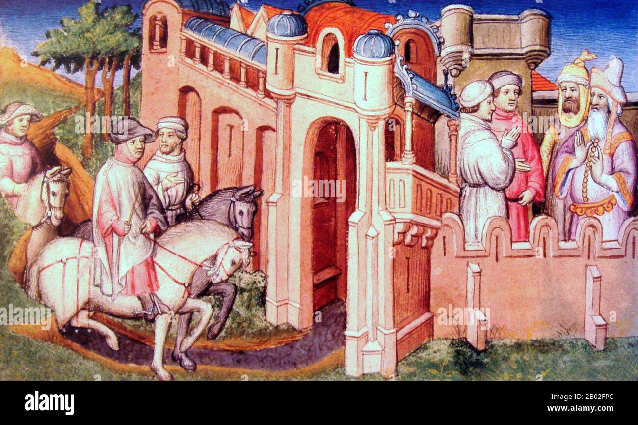 Probabilmente nato a Venezia intorno al 1254 d.C., Marco Polo fu allevato dalla zia e dallo zio dopo la morte della madre. Suo padre, Niccolo, era un mercante veneziano che partì prima che Marco nascesse per commerciare in Medio Oriente. Niccolo e suo fratello Maffeo passarono attraverso gran parte dell'Asia e incontrarono l'imperatore mongolo Kublai Khan, che a quanto pare li invitò ad essere ambasciatori. Nel 1269 Niccolo e Maffeo tornarono a Venezia, incontrando per la prima volta Marco. Nel 1271, Marco Polo, di 17 anni, con suo padre e suo zio, si recò in Asia, attraversando Costantinopoli, Baghdad, Persia, Kashgar, Cina e Birmania. Th Foto Stock