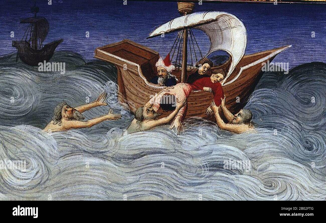 Probabilmente nato a Venezia intorno al 1254 d.C., Marco Polo fu allevato dalla zia e dallo zio dopo la morte della madre. Suo padre, Niccolo, era un mercante veneziano che partì prima che Marco nascesse per commerciare in Medio Oriente. Niccolo e suo fratello Maffeo passarono attraverso gran parte dell'Asia e incontrarono l'imperatore mongolo Kublai Khan, che a quanto pare li invitò ad essere ambasciatori. Nel 1269 Niccolo e Maffeo tornarono a Venezia, incontrando per la prima volta Marco. Nel 1271, Marco Polo, di 17 anni, con suo padre e suo zio, si recò in Asia, attraversando Costantinopoli, Baghdad, Persia, Kashgar, Cina e Birmania. Th Foto Stock