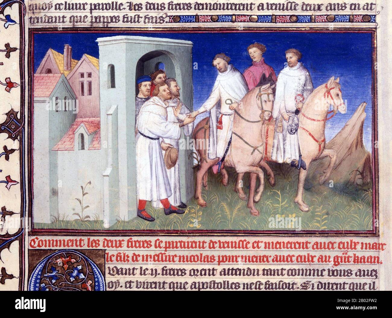 Probabilmente nato a Venezia intorno al 1254 d.C., Marco Polo fu allevato dalla zia e dallo zio dopo la morte della madre. Suo padre, Niccolo, era un mercante veneziano che partì prima che Marco nascesse per commerciare in Medio Oriente. Niccolo e suo fratello Maffeo passarono attraverso gran parte dell'Asia e incontrarono l'imperatore mongolo Kublai Khan, che a quanto pare li invitò ad essere ambasciatori. Nel 1269 Niccolo e Maffeo tornarono a Venezia, incontrando per la prima volta Marco. Nel 1271, Marco Polo, di 17 anni, con suo padre e suo zio, si recò in Asia, attraversando Costantinopoli, Baghdad, Persia, Kashgar, Cina e Birmania. Th Foto Stock