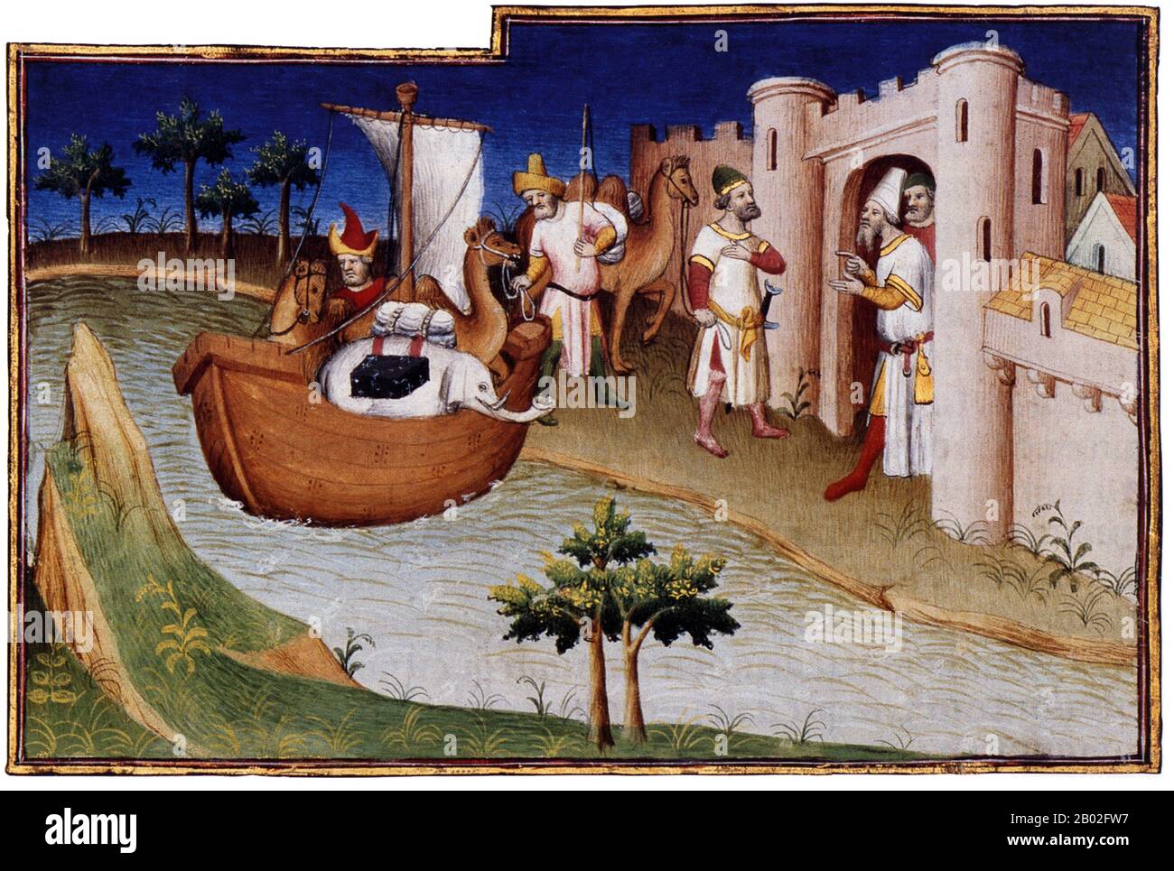 Probabilmente nato a Venezia intorno al 1254 d.C., Marco Polo fu allevato dalla zia e dallo zio dopo la morte della madre. Suo padre, Niccolo, era un mercante veneziano che partì prima che Marco nascesse per commerciare in Medio Oriente. Niccolo e suo fratello Maffeo passarono attraverso gran parte dell'Asia e incontrarono l'imperatore mongolo Kublai Khan, che a quanto pare li invitò ad essere ambasciatori. Nel 1269 Niccolo e Maffeo tornarono a Venezia, incontrando per la prima volta Marco. Nel 1271, Marco Polo, di 17 anni, con suo padre e suo zio, si recò in Asia, attraversando Costantinopoli, Baghdad, Persia, Kashgar, Cina e Birmania. Th Foto Stock