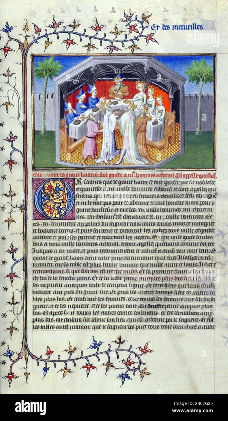 Probabilmente nato a Venezia intorno al 1254 d.C., Marco Polo fu allevato dalla zia e dallo zio dopo la morte della madre. Suo padre, Niccolo, era un mercante veneziano che partì prima che Marco nascesse per commerciare in Medio Oriente. Niccolo e suo fratello Maffeo passarono attraverso gran parte dell'Asia e incontrarono l'imperatore mongolo Kublai Khan, che a quanto pare li invitò ad essere ambasciatori. Nel 1269 Niccolo e Maffeo tornarono a Venezia, incontrando per la prima volta Marco. Nel 1271, Marco Polo, di 17 anni, con suo padre e suo zio, si recò in Asia, attraversando Costantinopoli, Baghdad, Persia, Kashgar, Cina e Birmania. Th Foto Stock