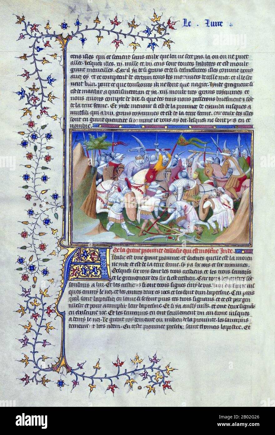 Probabilmente nato a Venezia intorno al 1254 d.C., Marco Polo fu allevato dalla zia e dallo zio dopo la morte della madre. Suo padre, Niccolo, era un mercante veneziano che partì prima che Marco nascesse per commerciare in Medio Oriente. Niccolo e suo fratello Maffeo passarono attraverso gran parte dell'Asia e incontrarono l'imperatore mongolo Kublai Khan, che a quanto pare li invitò ad essere ambasciatori. Nel 1269 Niccolo e Maffeo tornarono a Venezia, incontrando per la prima volta Marco. Nel 1271, Marco Polo, di 17 anni, con suo padre e suo zio, si recò in Asia, attraversando Costantinopoli, Baghdad, Persia, Kashgar, Cina e Birmania. Th Foto Stock