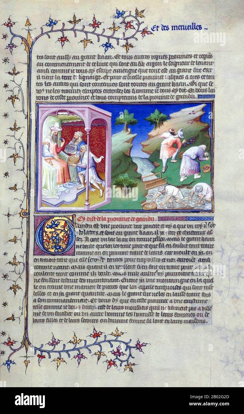 Probabilmente nato a Venezia intorno al 1254 d.C., Marco Polo fu allevato dalla zia e dallo zio dopo la morte della madre. Suo padre, Niccolo, era un mercante veneziano che partì prima che Marco nascesse per commerciare in Medio Oriente. Niccolo e suo fratello Maffeo passarono attraverso gran parte dell'Asia e incontrarono l'imperatore mongolo Kublai Khan, che a quanto pare li invitò ad essere ambasciatori. Nel 1269 Niccolo e Maffeo tornarono a Venezia, incontrando per la prima volta Marco. Nel 1271, Marco Polo, di 17 anni, con suo padre e suo zio, si recò in Asia, attraversando Costantinopoli, Baghdad, Persia, Kashgar, Cina e Birmania. Th Foto Stock