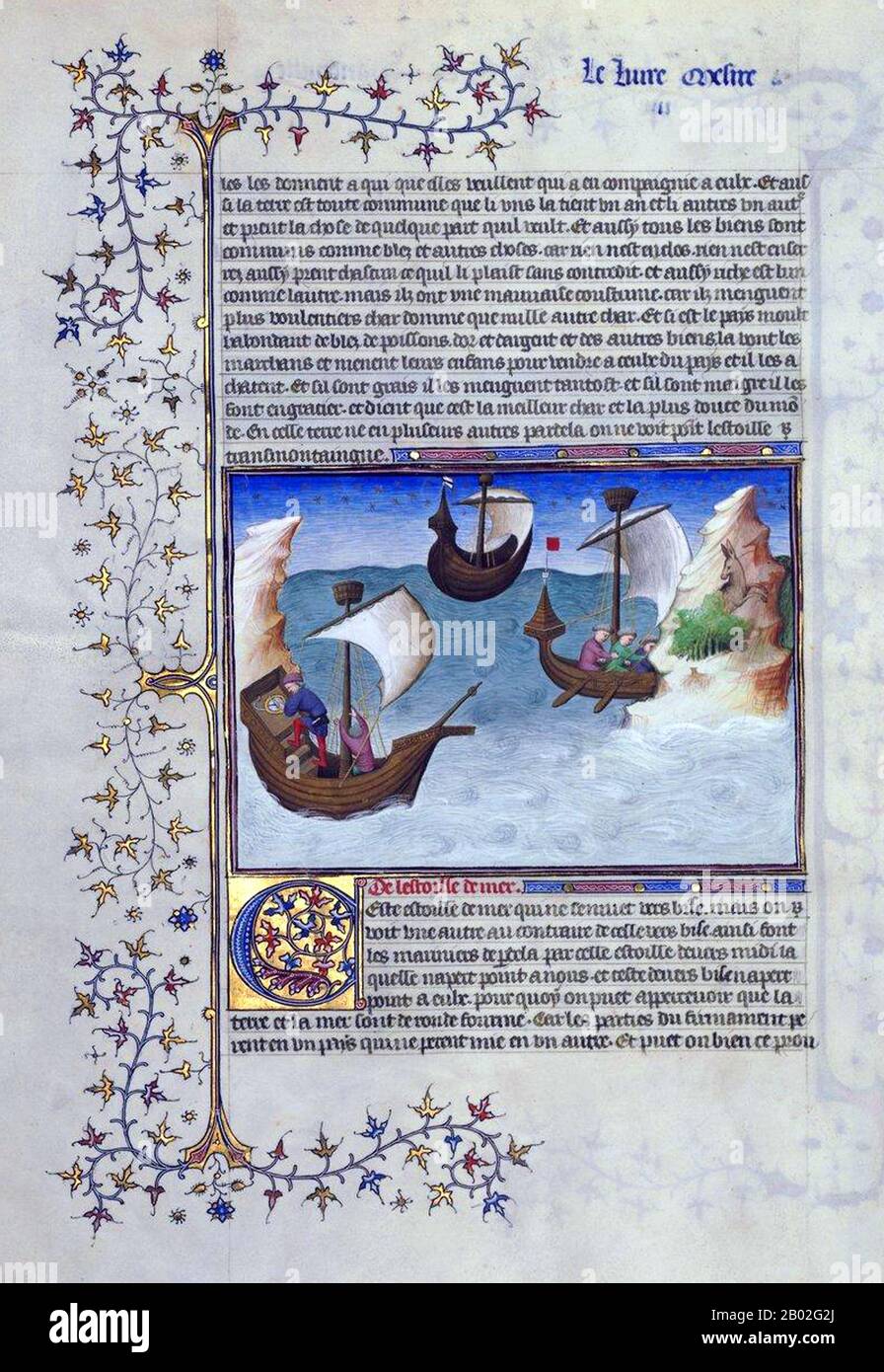 Probabilmente nato a Venezia intorno al 1254 d.C., Marco Polo fu allevato dalla zia e dallo zio dopo la morte della madre. Suo padre, Niccolo, era un mercante veneziano che partì prima che Marco nascesse per commerciare in Medio Oriente. Niccolo e suo fratello Maffeo passarono attraverso gran parte dell'Asia e incontrarono l'imperatore mongolo Kublai Khan, che a quanto pare li invitò ad essere ambasciatori. Nel 1269 Niccolo e Maffeo tornarono a Venezia, incontrando per la prima volta Marco. Nel 1271, Marco Polo, di 17 anni, con suo padre e suo zio, si recò in Asia, attraversando Costantinopoli, Baghdad, Persia, Kashgar, Cina e Birmania. Th Foto Stock