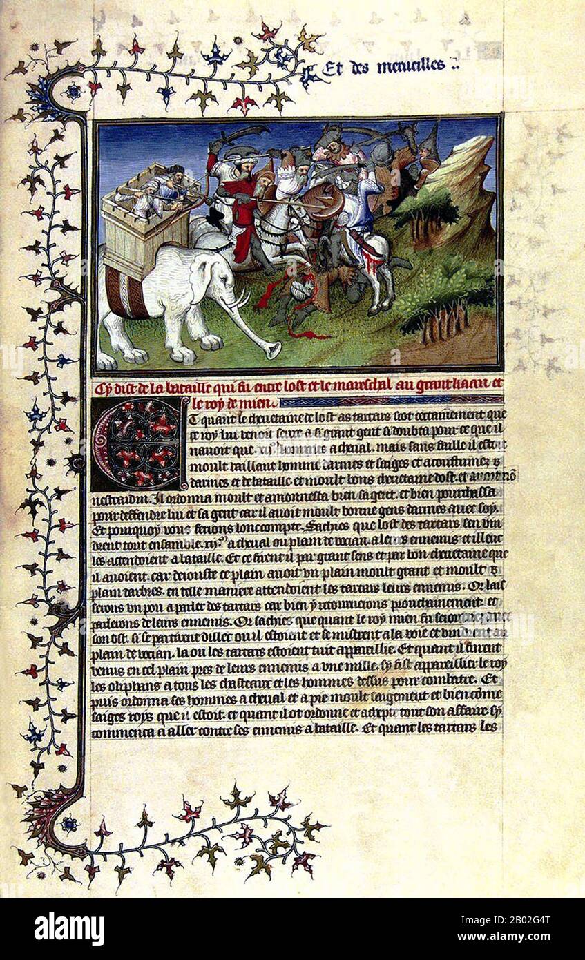 Probabilmente nato a Venezia intorno al 1254 d.C., Marco Polo fu allevato dalla zia e dallo zio dopo la morte della madre. Suo padre, Niccolo, era un mercante veneziano che partì prima che Marco nascesse per commerciare in Medio Oriente. Niccolo e suo fratello Maffeo passarono attraverso gran parte dell'Asia e incontrarono l'imperatore mongolo Kublai Khan, che a quanto pare li invitò ad essere ambasciatori. Nel 1269 Niccolo e Maffeo tornarono a Venezia, incontrando per la prima volta Marco. Nel 1271, Marco Polo, di 17 anni, con suo padre e suo zio, si recò in Asia, attraversando Costantinopoli, Baghdad, Persia, Kashgar, Cina e Birmania. Th Foto Stock