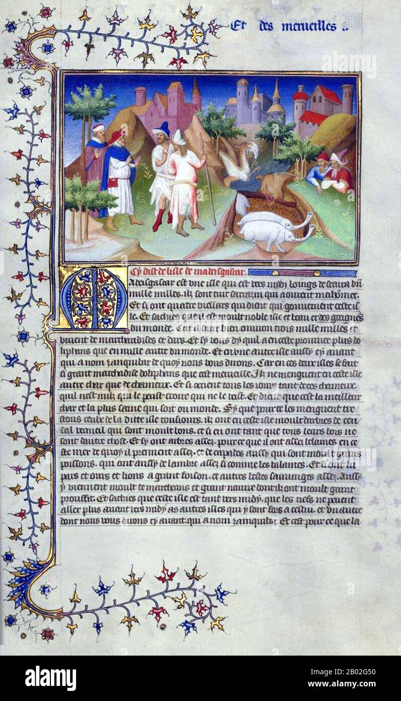 Probabilmente nato a Venezia intorno al 1254 d.C., Marco Polo fu allevato dalla zia e dallo zio dopo la morte della madre. Suo padre, Niccolo, era un mercante veneziano che partì prima che Marco nascesse per commerciare in Medio Oriente. Niccolo e suo fratello Maffeo passarono attraverso gran parte dell'Asia e incontrarono l'imperatore mongolo Kublai Khan, che a quanto pare li invitò ad essere ambasciatori. Nel 1269 Niccolo e Maffeo tornarono a Venezia, incontrando per la prima volta Marco. Nel 1271, Marco Polo, di 17 anni, con suo padre e suo zio, si recò in Asia, attraversando Costantinopoli, Baghdad, Persia, Kashgar, Cina e Birmania. Th Foto Stock