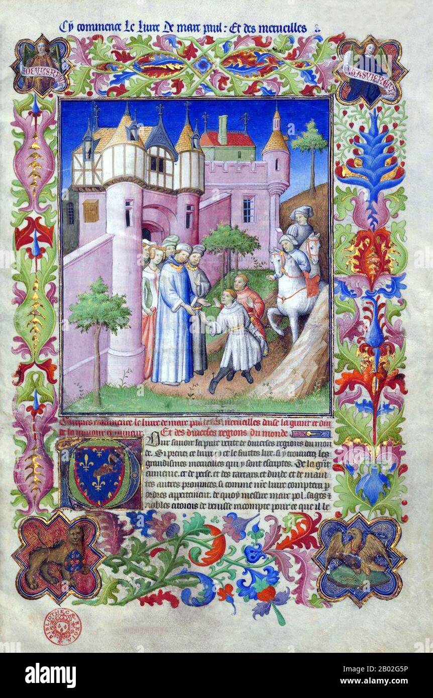 Probabilmente nato a Venezia intorno al 1254 d.C., Marco Polo fu allevato dalla zia e dallo zio dopo la morte della madre. Suo padre, Niccolo, era un mercante veneziano che partì prima che Marco nascesse per commerciare in Medio Oriente. Niccolo e suo fratello Maffeo passarono attraverso gran parte dell'Asia e incontrarono l'imperatore mongolo Kublai Khan, che a quanto pare li invitò ad essere ambasciatori. Nel 1269 Niccolo e Maffeo tornarono a Venezia, incontrando per la prima volta Marco. Nel 1271, Marco Polo, di 17 anni, con suo padre e suo zio, si recò in Asia, attraversando Costantinopoli, Baghdad, Persia, Kashgar, Cina e Birmania. Th Foto Stock