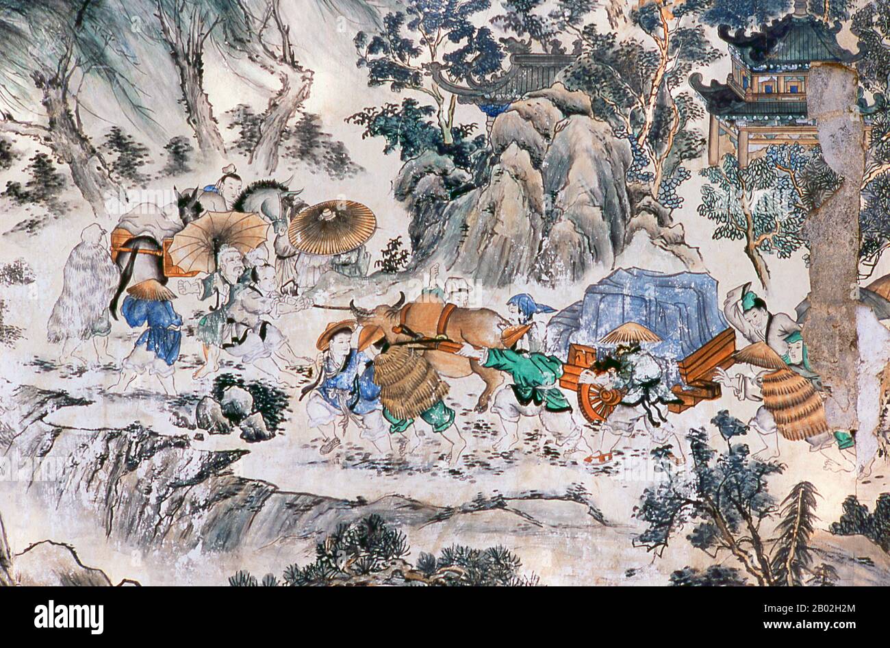 "Viaggio verso l'Occidente" è uno dei Quattro Grandi Romanzi classici della letteratura cinese. Originariamente pubblicato anonimamente nel 1590s durante la Dinastia Ming, la sua paternità è stata attribuita allo studioso Wu Cheng'en dal 20th secolo. Nei paesi di lingua inglese, il racconto è anche spesso conosciuto semplicemente come Scimmia. Il romanzo è un racconto fictionalizzato del leggendario pellegrinaggio in India del monaco buddista Xuanzang. Il monaco viaggiò nelle regioni occidentali durante la dinastia Tang, per ottenere testi sacri (sūtras). Il Bodhisattva Guan Yin, su istruzione del Buddha, dà questo compito Foto Stock