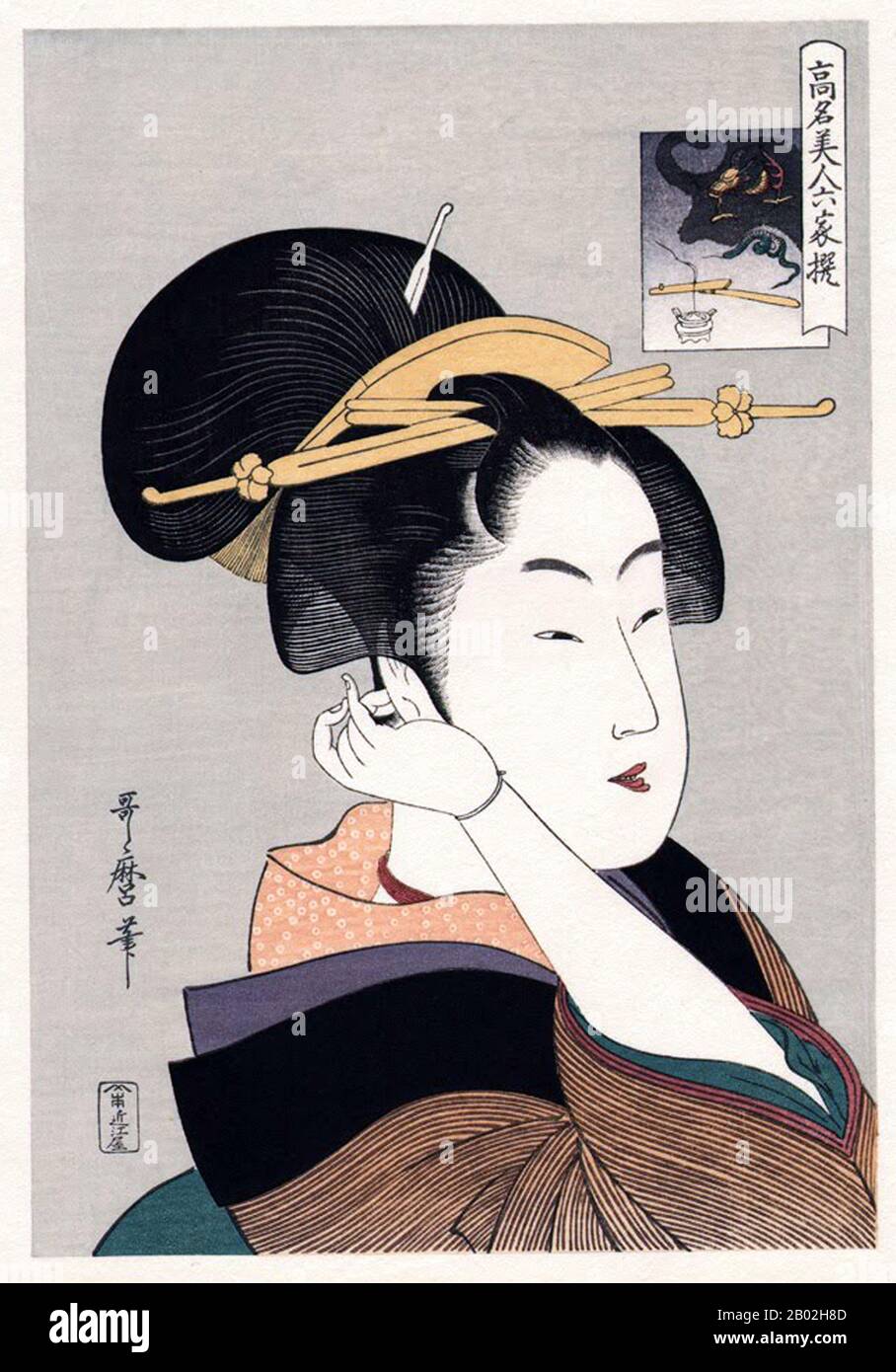 Bijinga (lit., 'bella foto della persona') è un termine generico per le immagini delle donne belle nell'arte giapponese, particolarmente nella stampa del blocco del legno del genere ukiyo-e, che pre-data la fotografia. Quasi tutti gli artisti ukiyo-e hanno prodotto bijinga, essendo uno dei temi centrali del genere. Kitagawa Utamaro (ca. 1753 - 31 ottobre 1806) è stato un pittore giapponese, considerato uno dei più grandi artisti di stampe in legno (ukiyo-e). È conosciuto soprattutto per i suoi studi magistralmente composti di donne, noto come bijinga. Ha anche prodotto studi sulla natura, in particolare libro illustrato Foto Stock