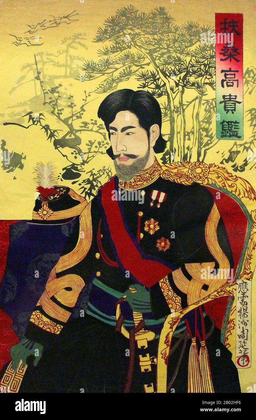 L'imperatore Meiji (明治天皇 Meiji-tennō, 3 novembre 1852 – 30 luglio 1912), o Meiji il Grande (明治大帝 Meiji-taitei), fu l'imperatore 122nd del Giappone secondo l'ordine di successione tradizionale, regnante dal 3 febbraio 1867 fino alla sua morte il 30 luglio 1912. Presiedette un periodo di rapido cambiamento nell'Impero del Giappone, mentre la nazione cambiò rapidamente da stato feudale a potenza mondiale capitalista e imperiale, caratterizzata dalla rivoluzione industriale del Giappone. All'epoca della sua nascita nel 1852, il Giappone fu un paese feudale isolato, preindustriale, dominato dallo Shogunato Tokugawa e dal daimyo, w Foto Stock