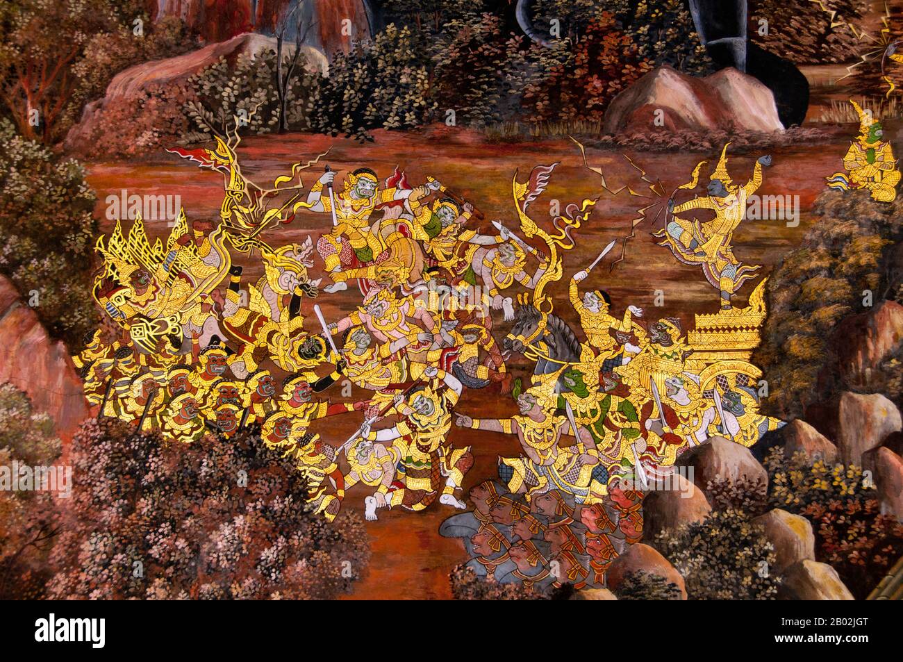 Il Ramayana è una storia vecchia quanto il tempo e - almeno nel subcontinente indiano e attraverso gran parte del sud-est asiatico - di popolarità senza pari. Più di duemila trecento anni fa lo studioso-poeta Valmiki si sedette a scrivere la sua epica definitiva di amore e di guerra. Il poema Valmiki composto è stato progettato il Ramayana, o 'Romance of Rama' in Sanscrito. Nella sua forma attuale, la versione sanscrita consiste di circa 24.000 coppie divise in sette libri. Il Ramakien è la versione tailandese di questo epico e ha un'influenza importante sulla letteratura, l'arte e il dramma tailandese. E' considerata la Nationa Foto Stock