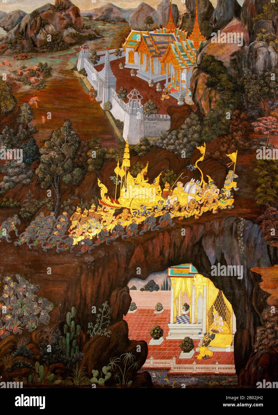 Il Ramayana è una storia vecchia quanto il tempo e - almeno nel subcontinente indiano e attraverso gran parte del sud-est asiatico - di popolarità senza pari. Più di duemila trecento anni fa lo studioso-poeta Valmiki si sedette a scrivere la sua epica definitiva di amore e di guerra. Il poema Valmiki composto è stato progettato il Ramayana, o 'Romance of Rama' in Sanscrito. Nella sua forma attuale, la versione sanscrita consiste di circa 24.000 coppie divise in sette libri. Il Ramakien è la versione tailandese di questo epico e ha un'influenza importante sulla letteratura, l'arte e il dramma tailandese. E' considerata la Nationa Foto Stock