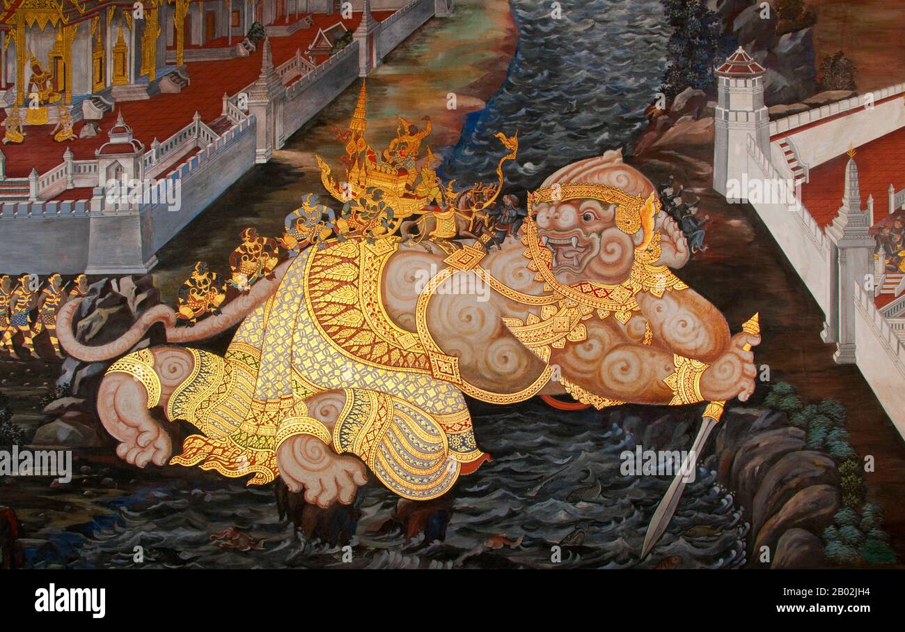 Il Ramayana è una storia vecchia quanto il tempo e - almeno nel subcontinente indiano e attraverso gran parte del sud-est asiatico - di popolarità senza pari. Più di duemila trecento anni fa lo studioso-poeta Valmiki si sedette a scrivere la sua epica definitiva di amore e di guerra. Il poema Valmiki composto è stato progettato il Ramayana, o 'Romance of Rama' in Sanscrito. Nella sua forma attuale, la versione sanscrita consiste di circa 24.000 coppie divise in sette libri. Il Ramakien è la versione tailandese di questo epico e ha un'influenza importante sulla letteratura, l'arte e il dramma tailandese. E' considerata la Nationa Foto Stock